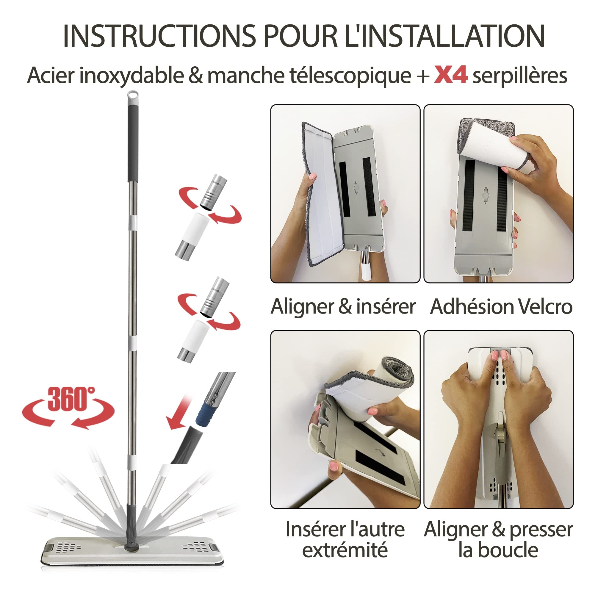 Kit Balai Serpillière Compact Shine - Seau Essoreur, Manche Télescopique, 4 Serpillières Lavables