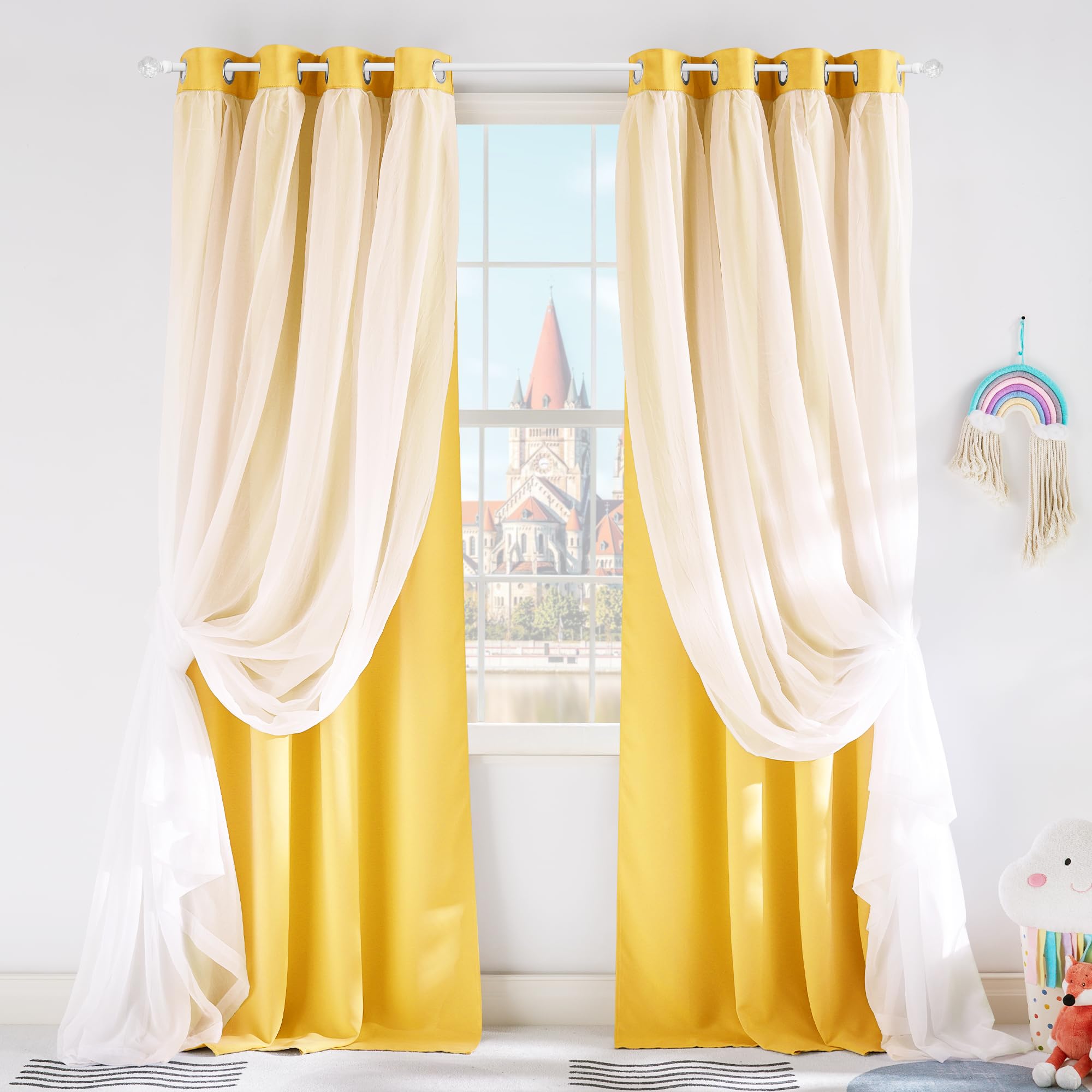 PONY DANCE Blackout Curtains, 52 W by 84 L, Lemon Yellow, 2 Pieces