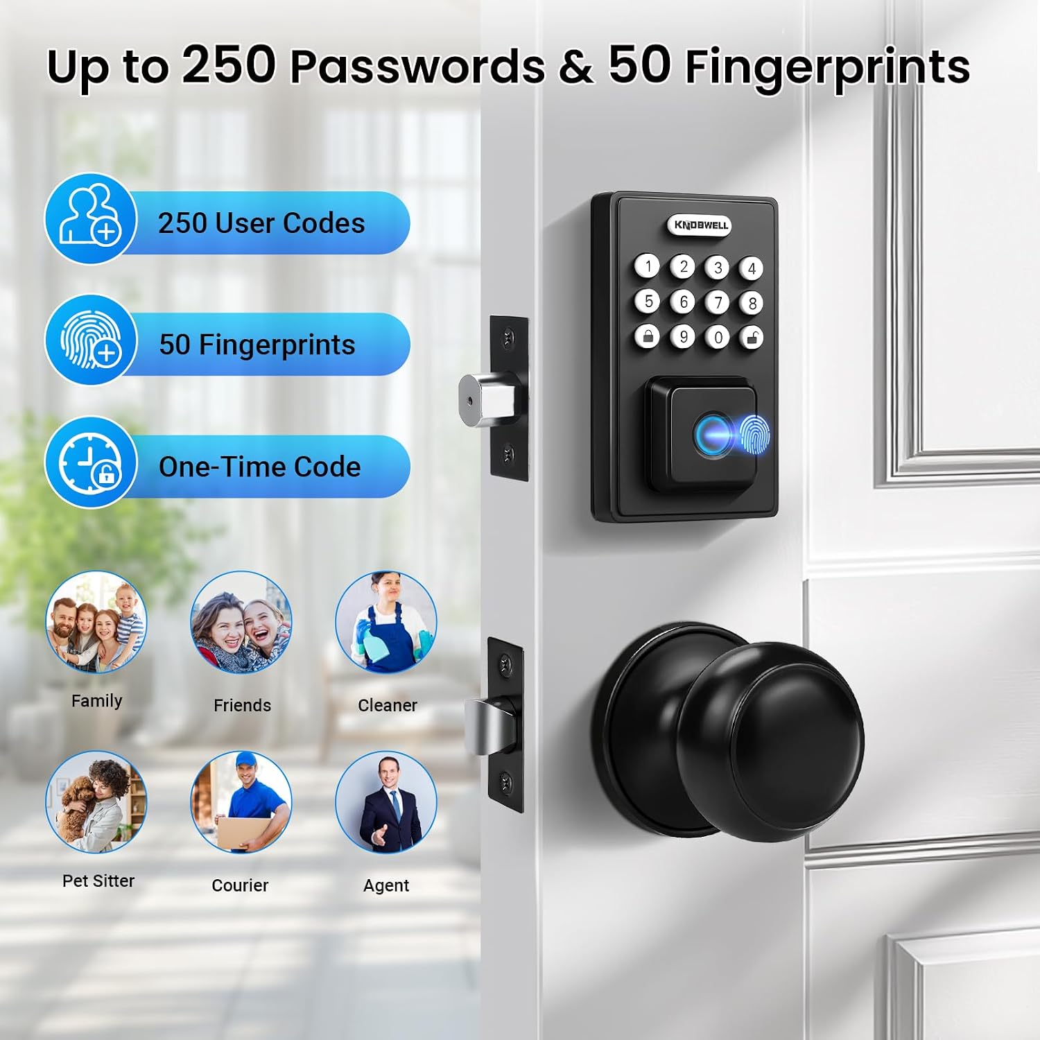 KNOBWELL Fingerprint Door Lock, Passage Door Knob, Black Keyless Entry Electronic Keypad Deadbolt Smart Front Door Lock Set