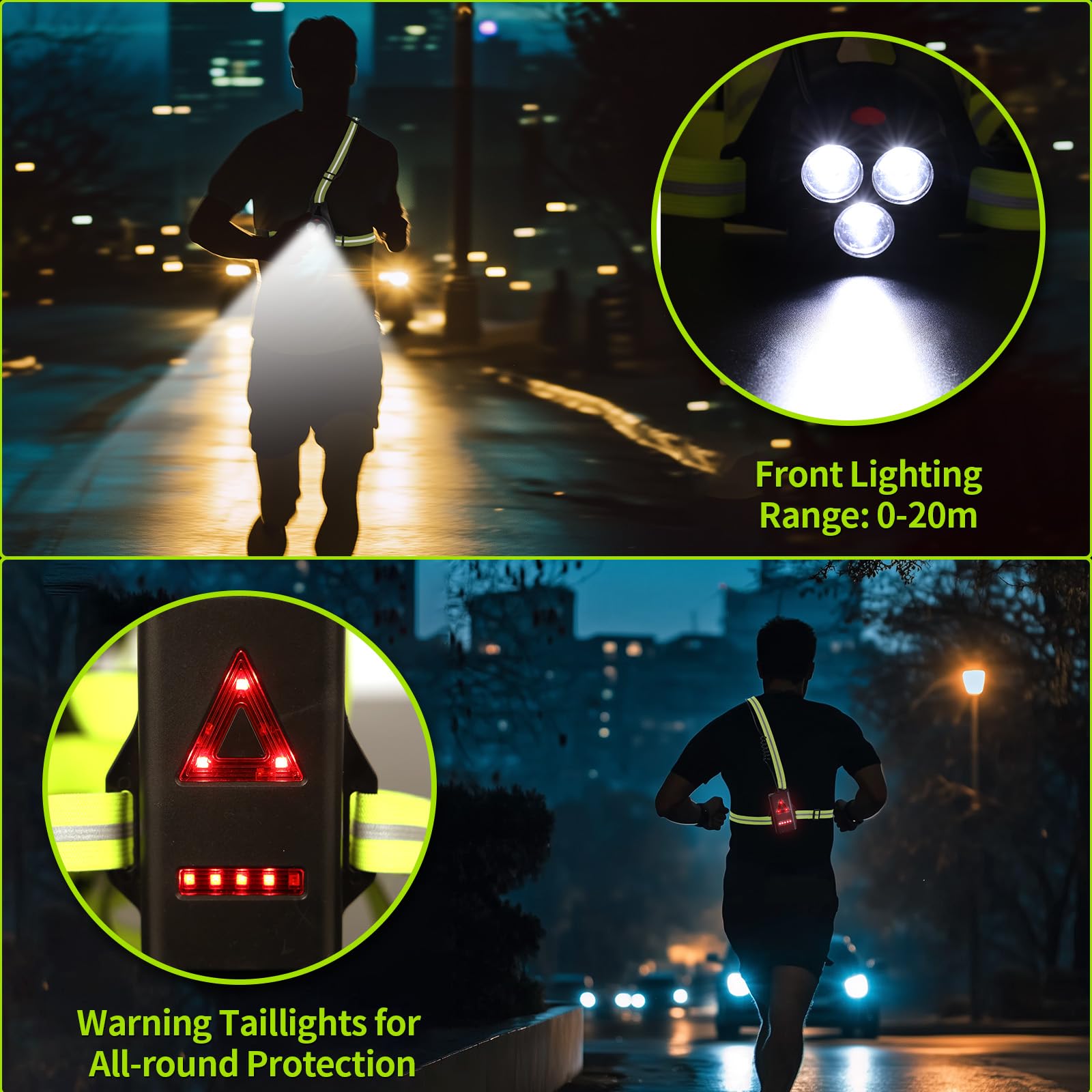 Luce Running Ricaricabile USB, 120° Luce Regolabile, 500 Lumen, Lampada Corsa con Nastro Riflettente per Jogging, Campeggio, Sport all'Aria Aperta