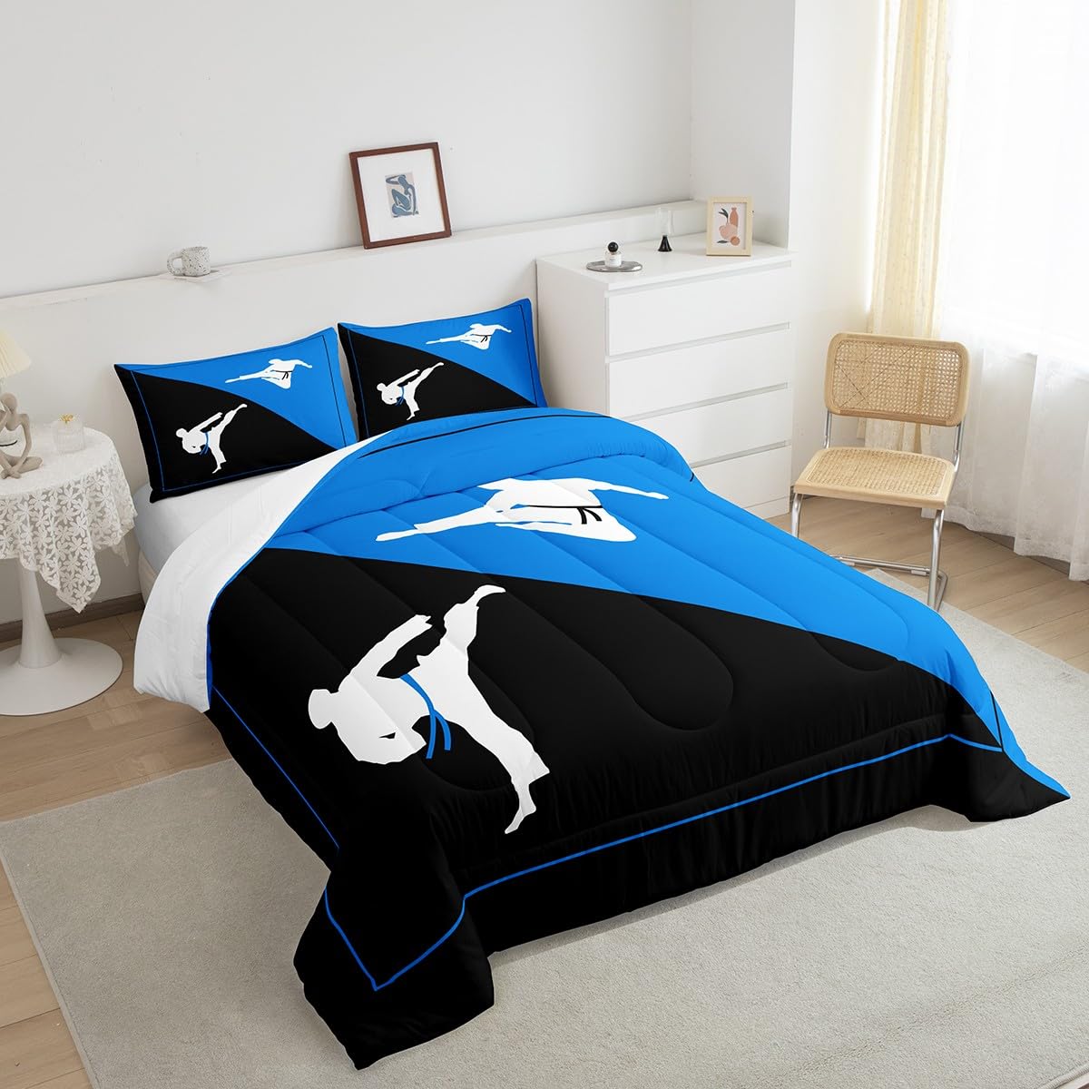Castle Fairy Taekwondo Comforter Set,Japanese Style Bedding Set for Kids Girls Women,Adults Kungfu Comforter,Black and Blue Quilted Duvet Set Bedroom Collection Twin Size 2Pcs