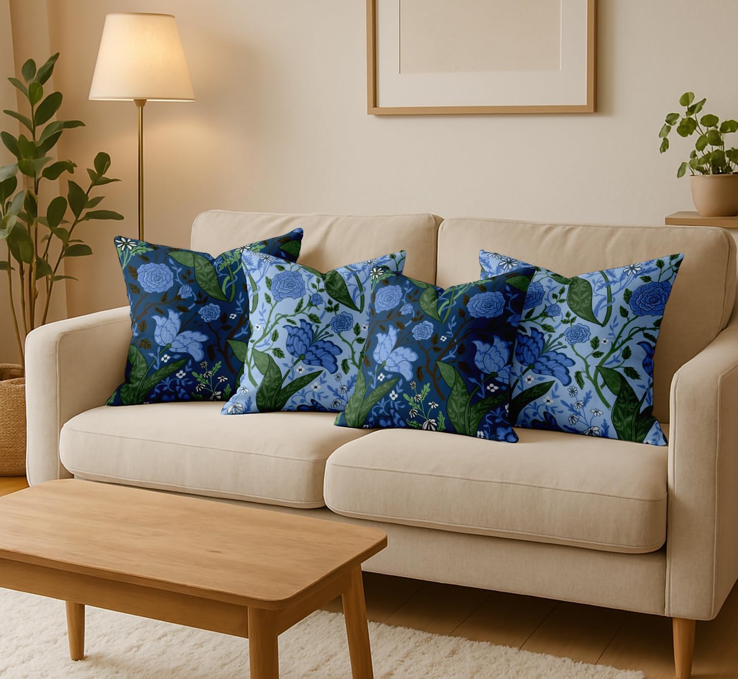 16x16 Inch Cushion Covers Set of 4 - Premium Cotton, Leaves Print, Reversible Printed Pillow Covers with Concealed Zipper - Blue