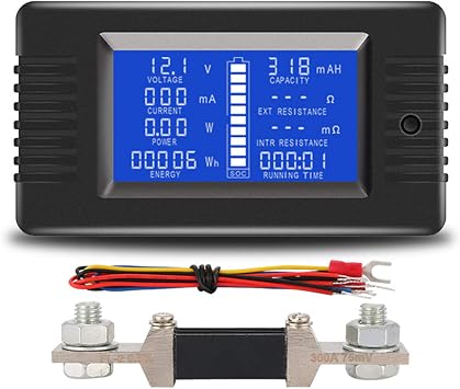 DC Battery Monitor Meter with LCD Display,0-200V 0-300A Voltage Current Power Energy Impedance Resistance Capacity Multimeter Ammeter Voltmeter Digital Tester with 300A Shunt with 300A Shunt