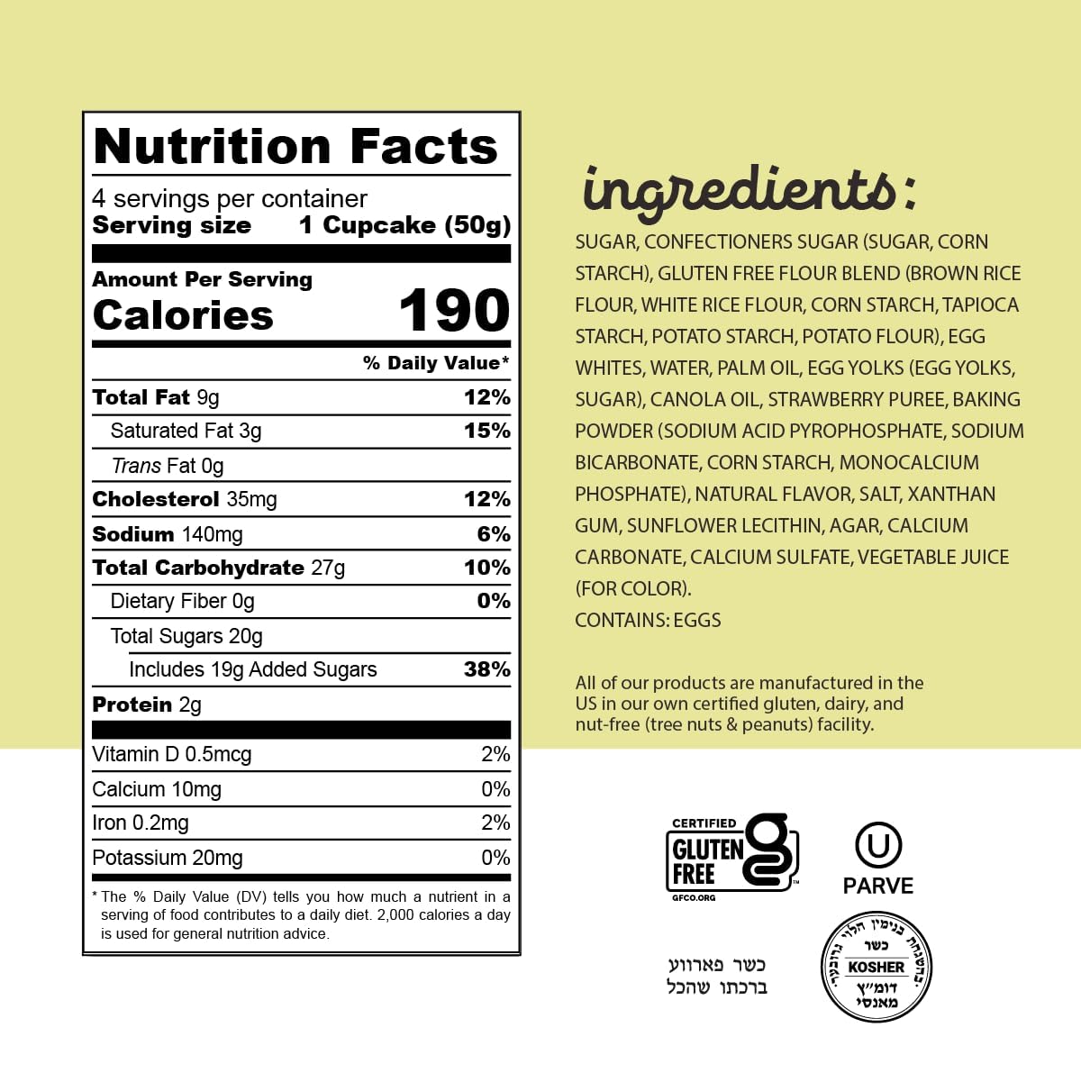 Katz Gluten Free Creme Filled Strawberry Cupcakes. Free of Dairy, Peanuts, Tree Nuts, and Sesame. Kosher, 7oz (12Pk)