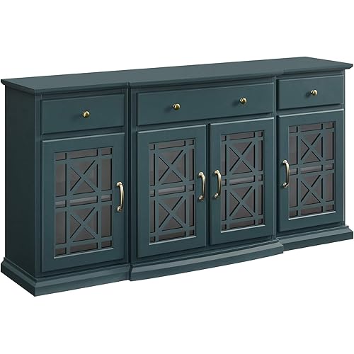 Walker Edison Modern Wood Glass Door Buffet Sideboard Living Room-Entryway Serving Storage Cabinet Doors-Dining Room Console, 60 Inch, Dark Teal