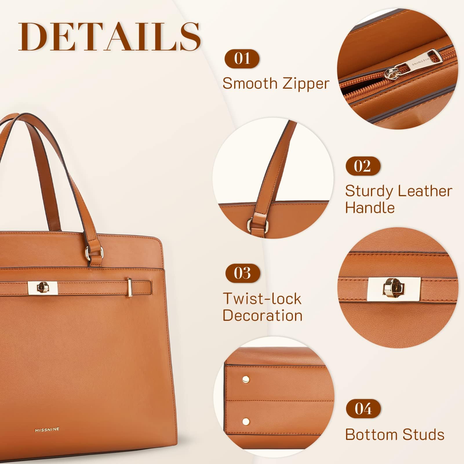 Missnine Sacoche pour ordinateur portable 15,6" en cuir synthétique - Grand sac de travail - Porte-documents pour ordinateur - Sac à main d'affaires,marron