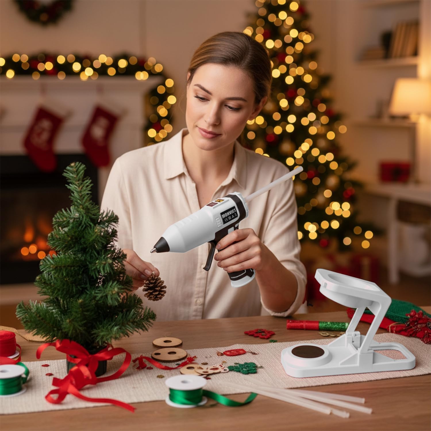 MONVICT Cordless Hot Glue Gun with Holder Base - Digital Display & Adjustable Temp, Smart Auto-Off, Stand with Silicone Pad, 7.4V 2.6A Rechargeable Battery, 10 Glue Sticks, Fast Heating for DIY Crafts