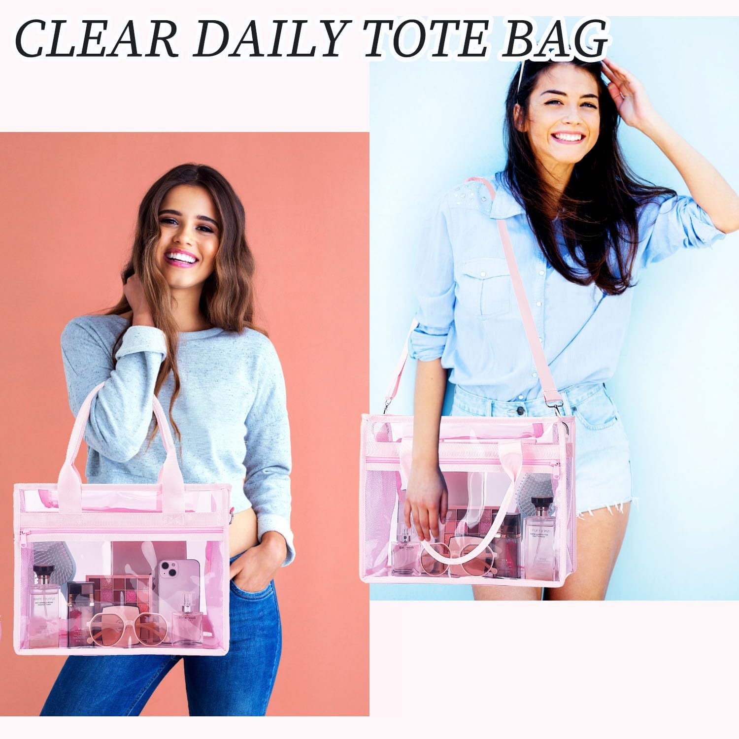 Iridescent Clear Beach Bag for Women, Large Pool Tote Cruise Vacation Essentials - Waterproof, Zipper Closure - Image 3