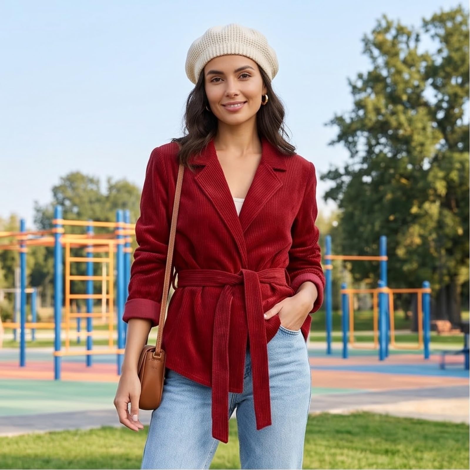 Cord Blazer Damen Tailliert Mit Gürtel Cordjacke Elegant Mantel Leicht
