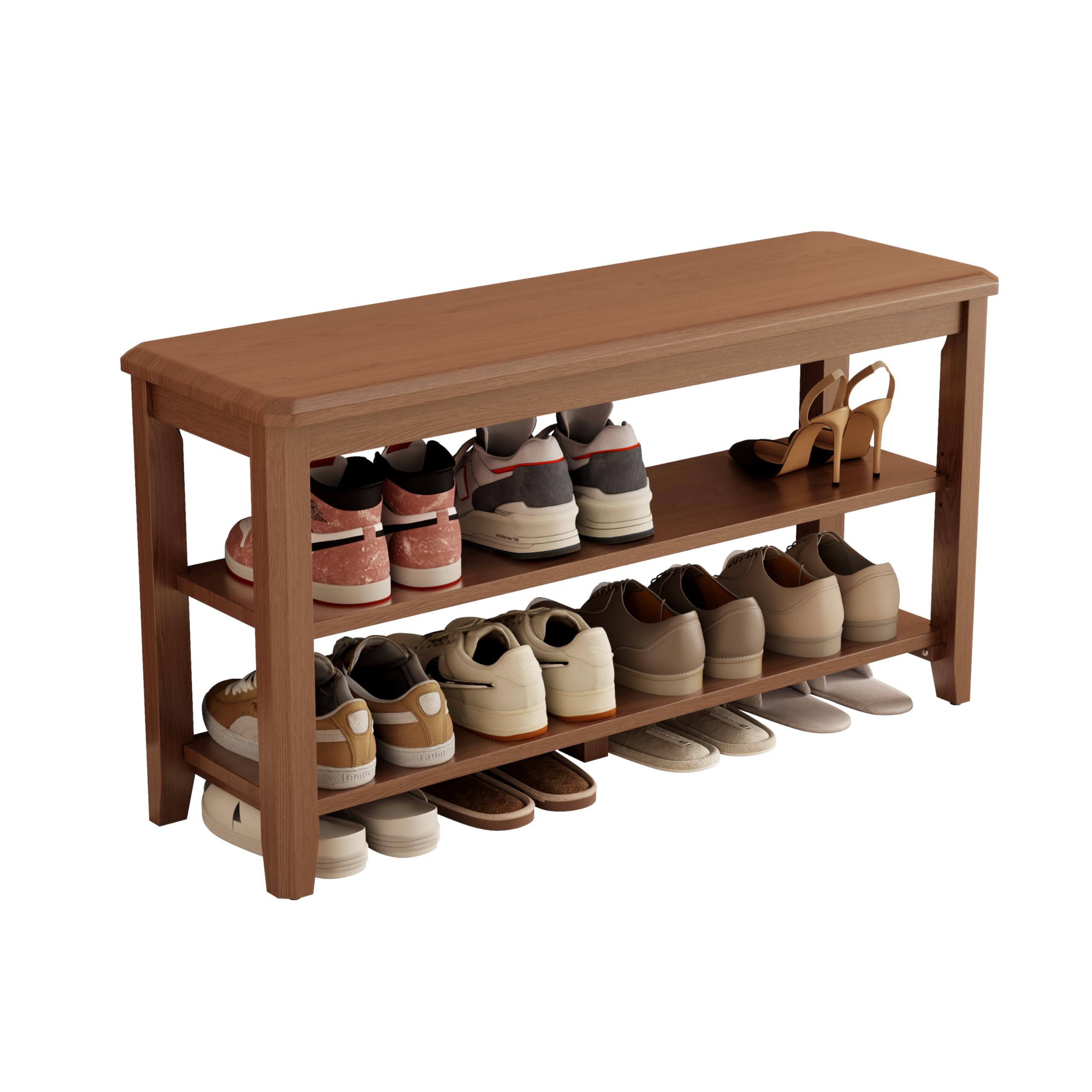 KASLANDI Schuhbank Holz, Schuhregal mit 2 Ebenen, Verstellbare Ablage, Schma und Platzsparend für Flur, Eingangsbereich, Wohnzimmer, Schlafzimmer,100 x 30 x 52 cm (Walnuss)