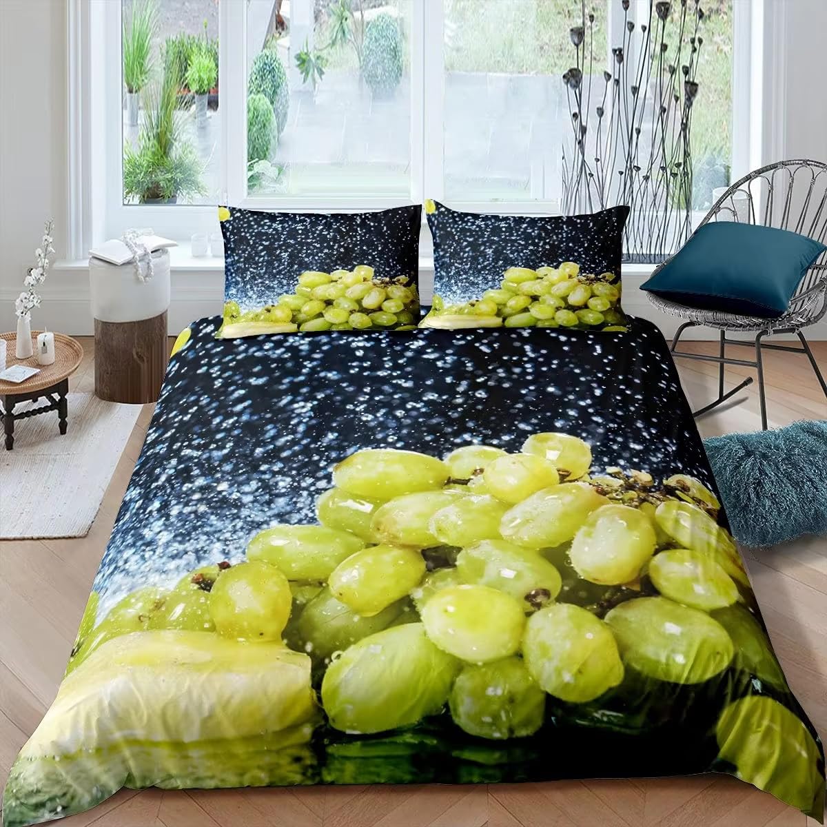 Housse de couette 200x200 raisin pour lit 2 personnes en microfibre avec 2 taies 65x65