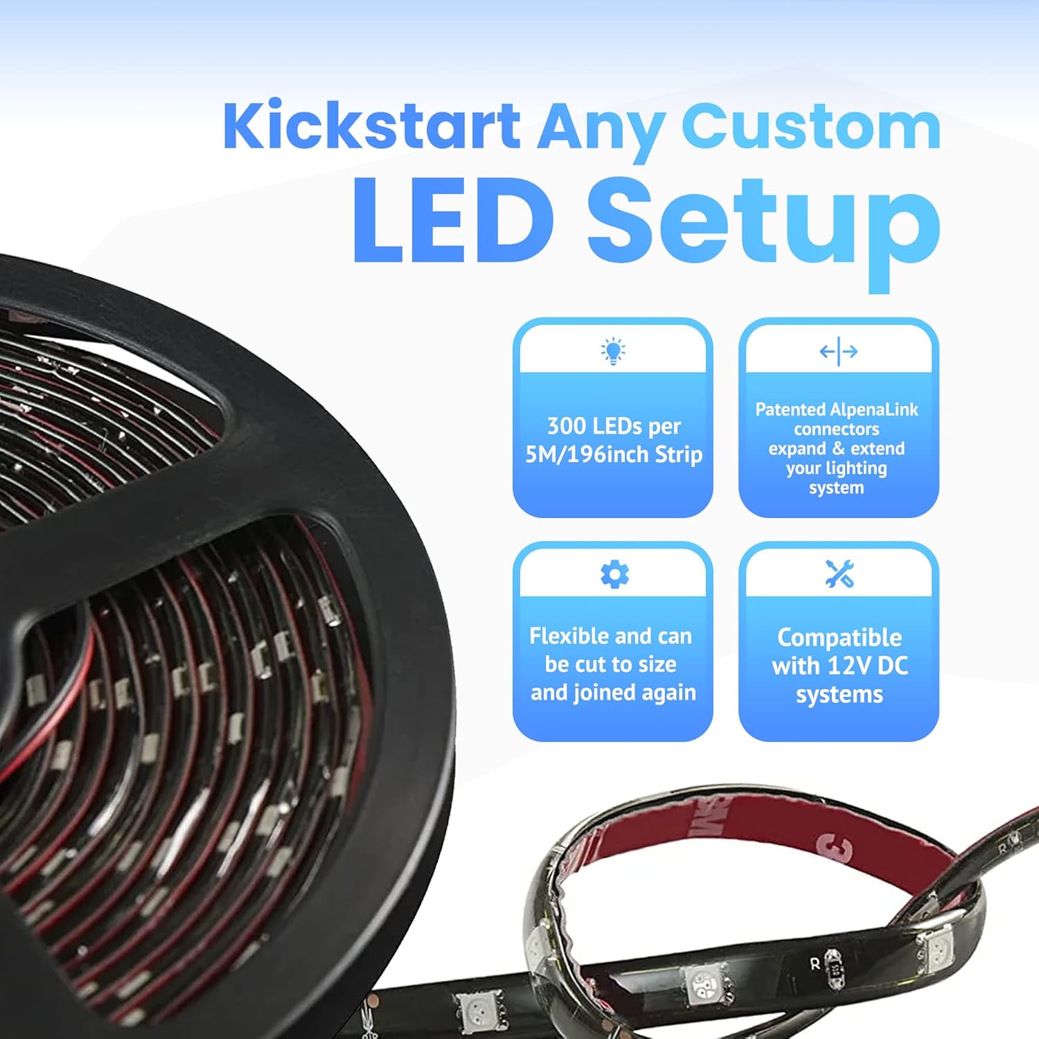 MAX Bulk Roll LED Lights for Cars, Trucks, SUVs, ATVs, & More, Exterior & Interior Car Lights Strips, Cuttable LED Strip Lights for Inside Car, Plug & Play, 12V, 1 Roll, 5M/196 in, White