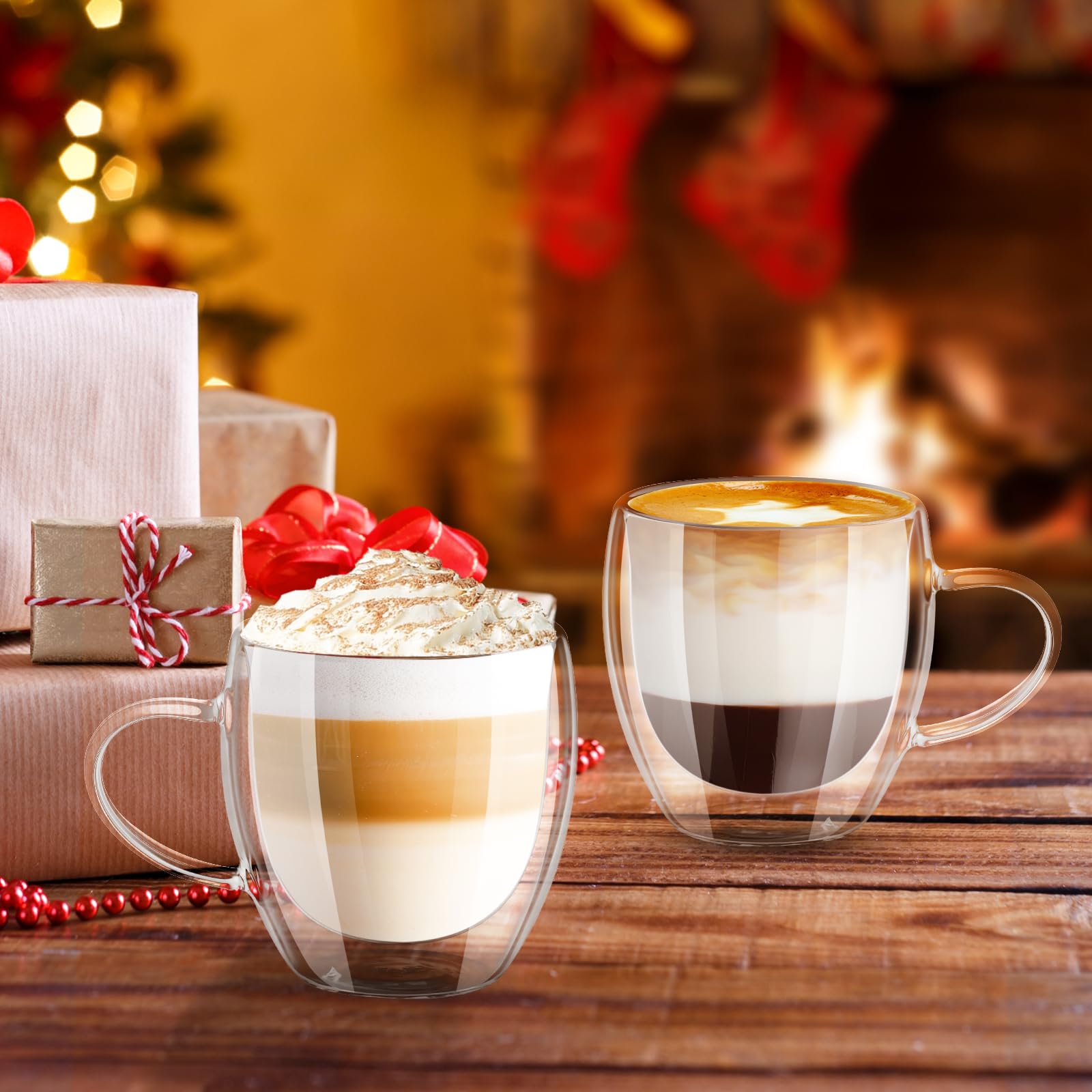 Esilihom 4 Pack Double Walled Coffee Glasses Mugs, 250ml/8.8oz Cappuccino Latte Macchiato Glasses Cups with Handle - Image 4