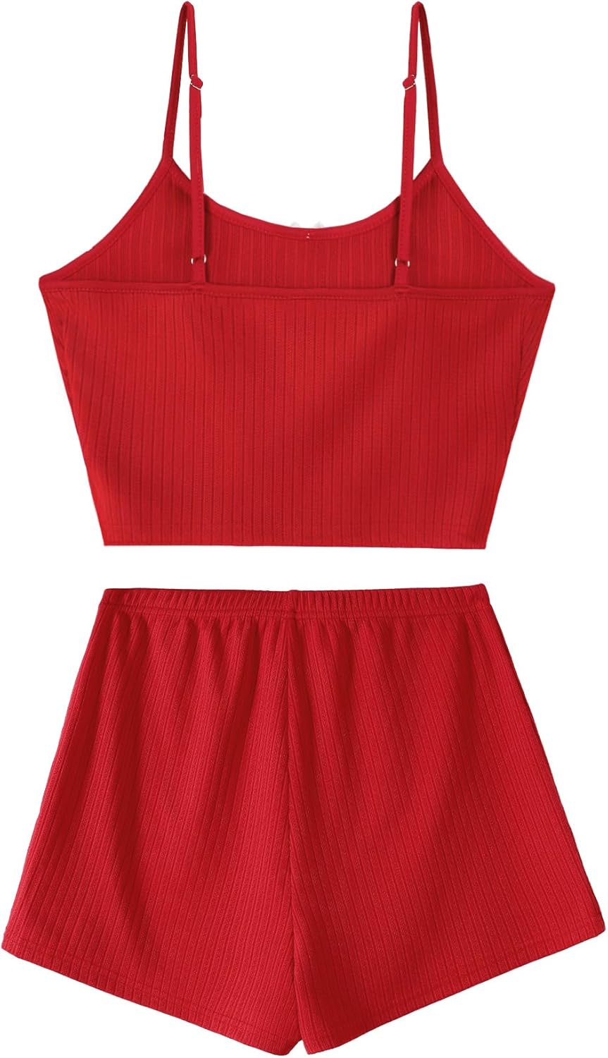 Hilinker Womens Graphic 2 Piece Pajama Set Summer Cute Crop Cami and Shorts Ribbed Lounge Sets - Image 4