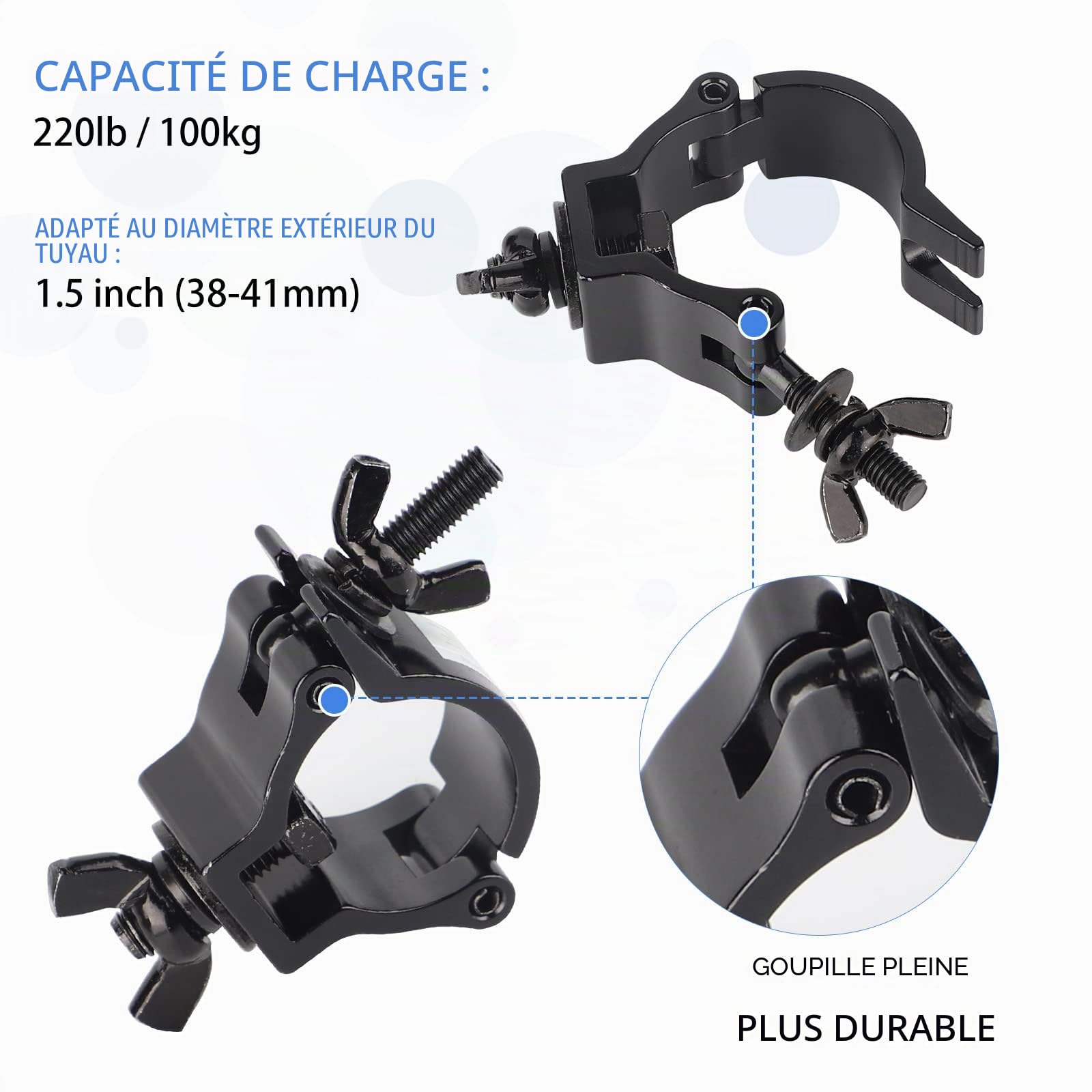 DBREAKS Truss Clamp Crochet de Fixation - TÜV, 4Pcs Crochets de Fixation Éclairage de Scène, 38-41mm Alliage d'aluminium Crochets de Fixation Éclairage de Scène, Pinces pour Éclairage de Scène, Noir