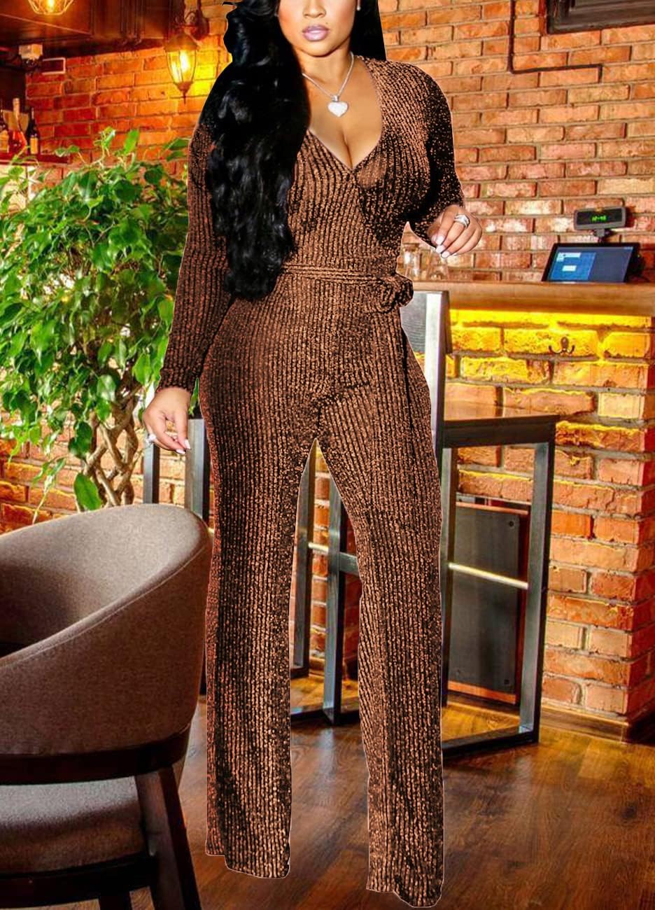 LightlyKiss Women Casual Sexy V Neck Sparkly Jumpsuits Long Sleeve Onesie Loose Pants Party Clubwear with Belt - Image 6