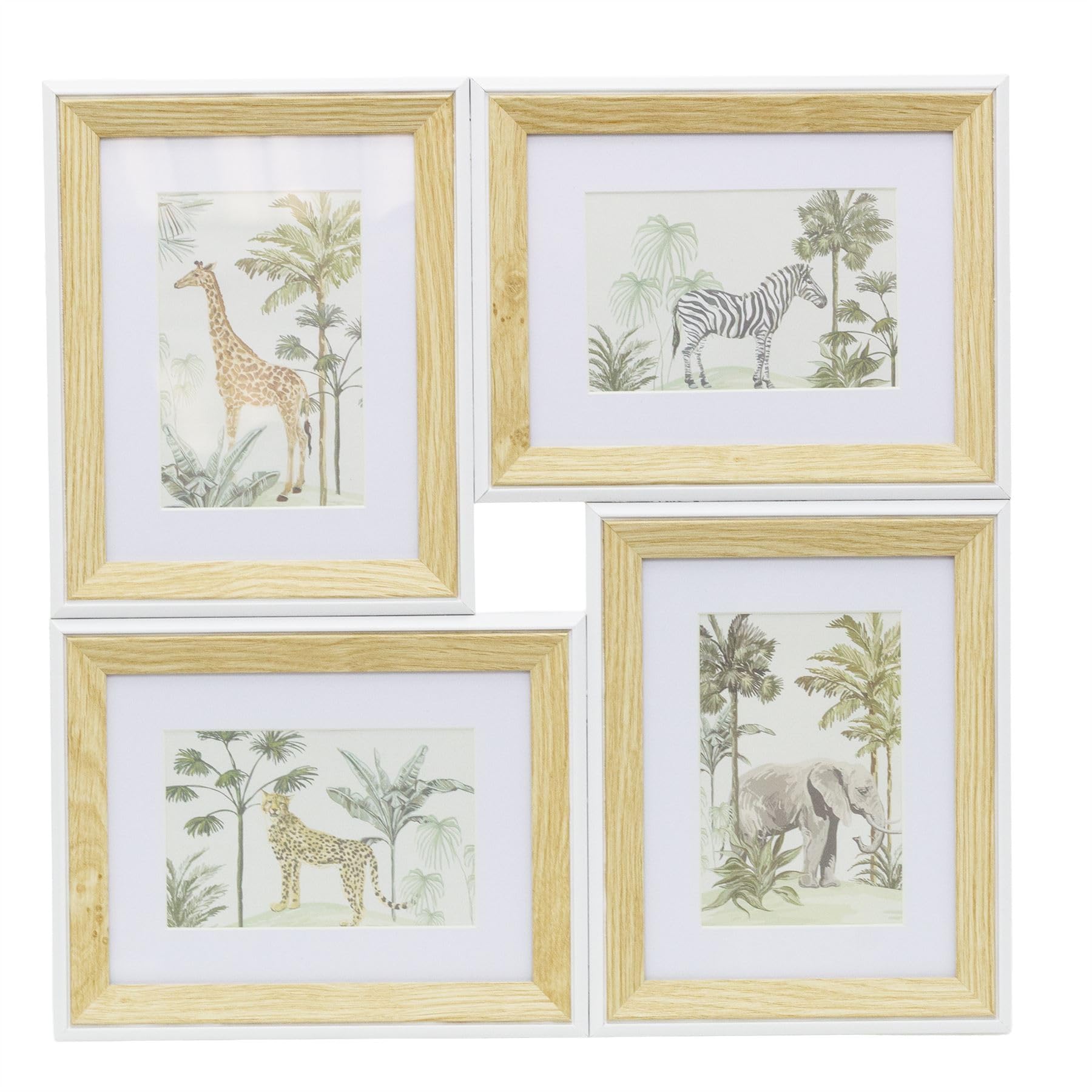 Carousel Home Multicoloured 4-Aperture Safari Animal Wall Art Set, 24X19cm & 19X24cm Jungle Picture Frames With Giraffe, Zebra, Leopard And Elephant Prints