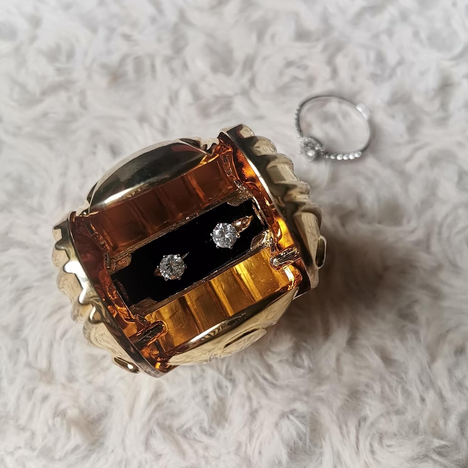 Golden Engagement Ring Box for Proposal Metal Jewelry Box Small Earring Box with Holder