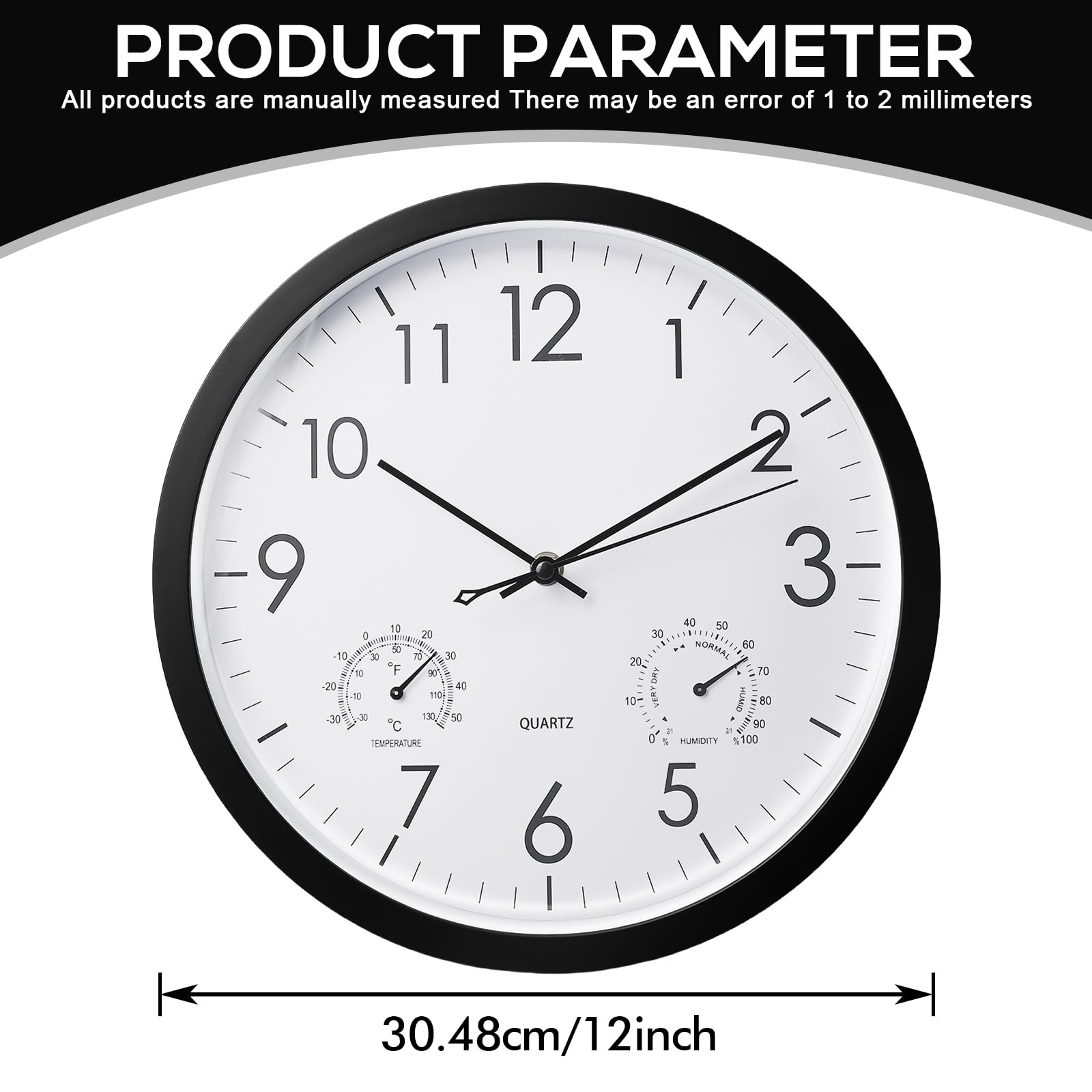 BORDEAG Orologio Da Parete, Orologio Da Giardino, Orologio Da Esterno, Per Interni Ed Esterni, Resistente Alle Intemperie, Con Termometro E Igrometro, Orologio Da Esterno Da 12 Pollici (Nero)