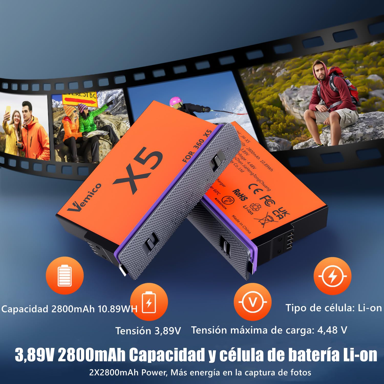 Vemico 360 X5 Cargador de Batería Kit 2 X 2800mAh 360 One X5 Baterías LED de 2-Canales Tipo-C Interfaz de Carga X5 Cargador para 360 One X5 Cámara(Atención: No es Resistente al Agua)