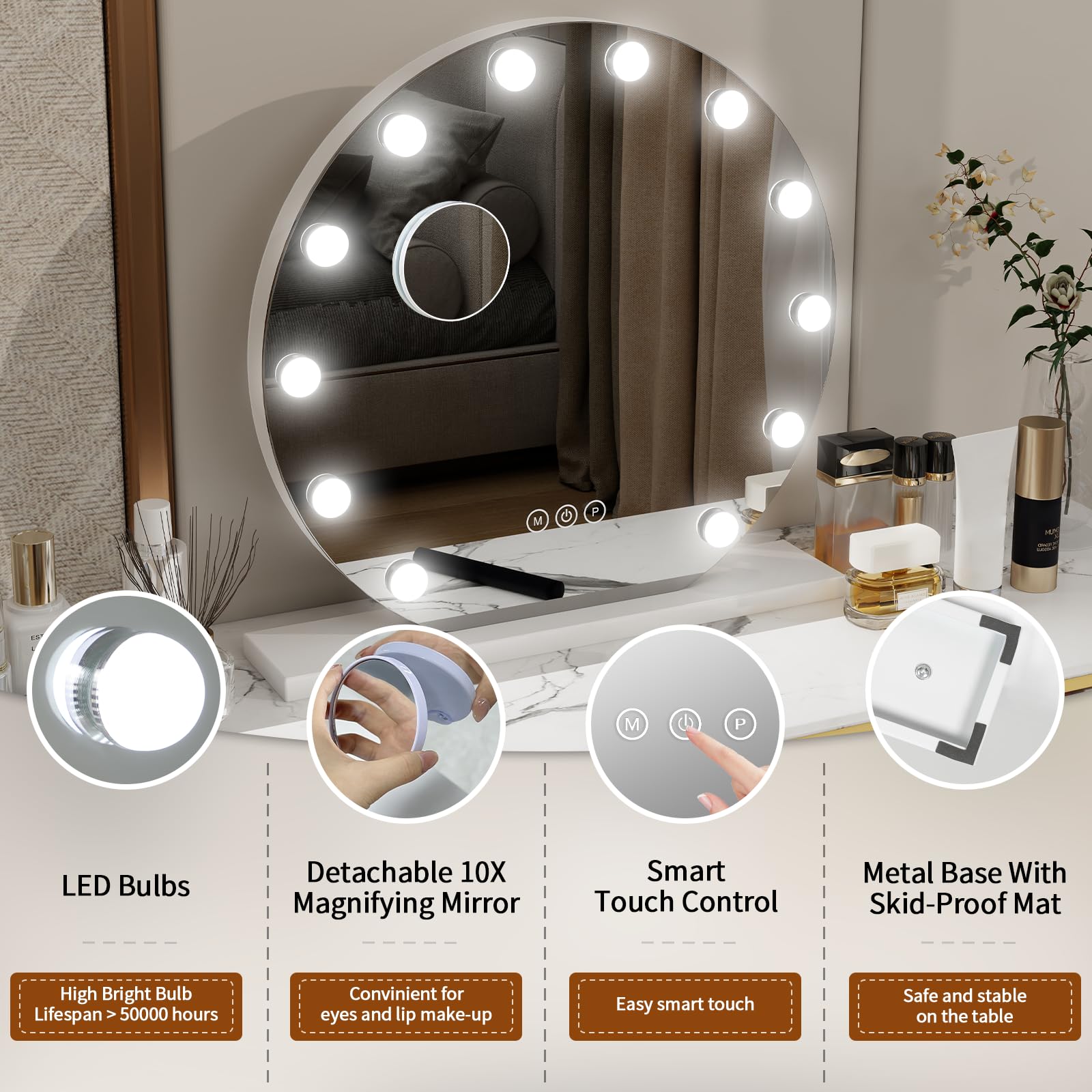Hollywood Vanity - Specchio cosmetico rotondo con luci, 50 cm, specchio per il trucco con 12 lampadine LED dimmerabili, porta di uscita USB, 3 modalità di illuminazione, da tavolo e da parete