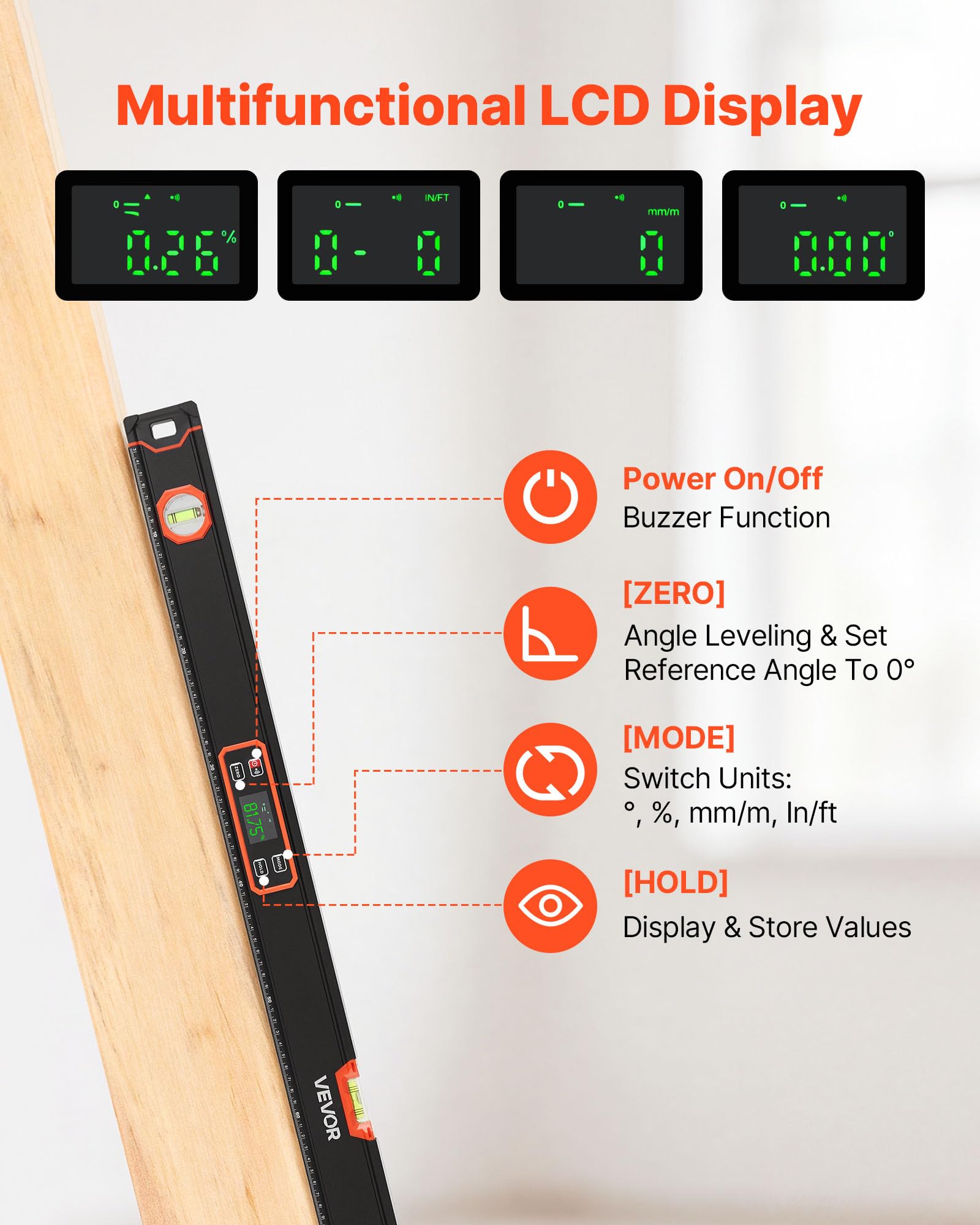 VEVOR Livella Digitale 1200 mm, Inclinometro Elettronica Magnetica ad Alta Precisione con Display LED Retroilluminato, Misurazione a 360°, Fiale a Bolla a 0°/45°/90°, IP54 per Edilizia e Falegnameria