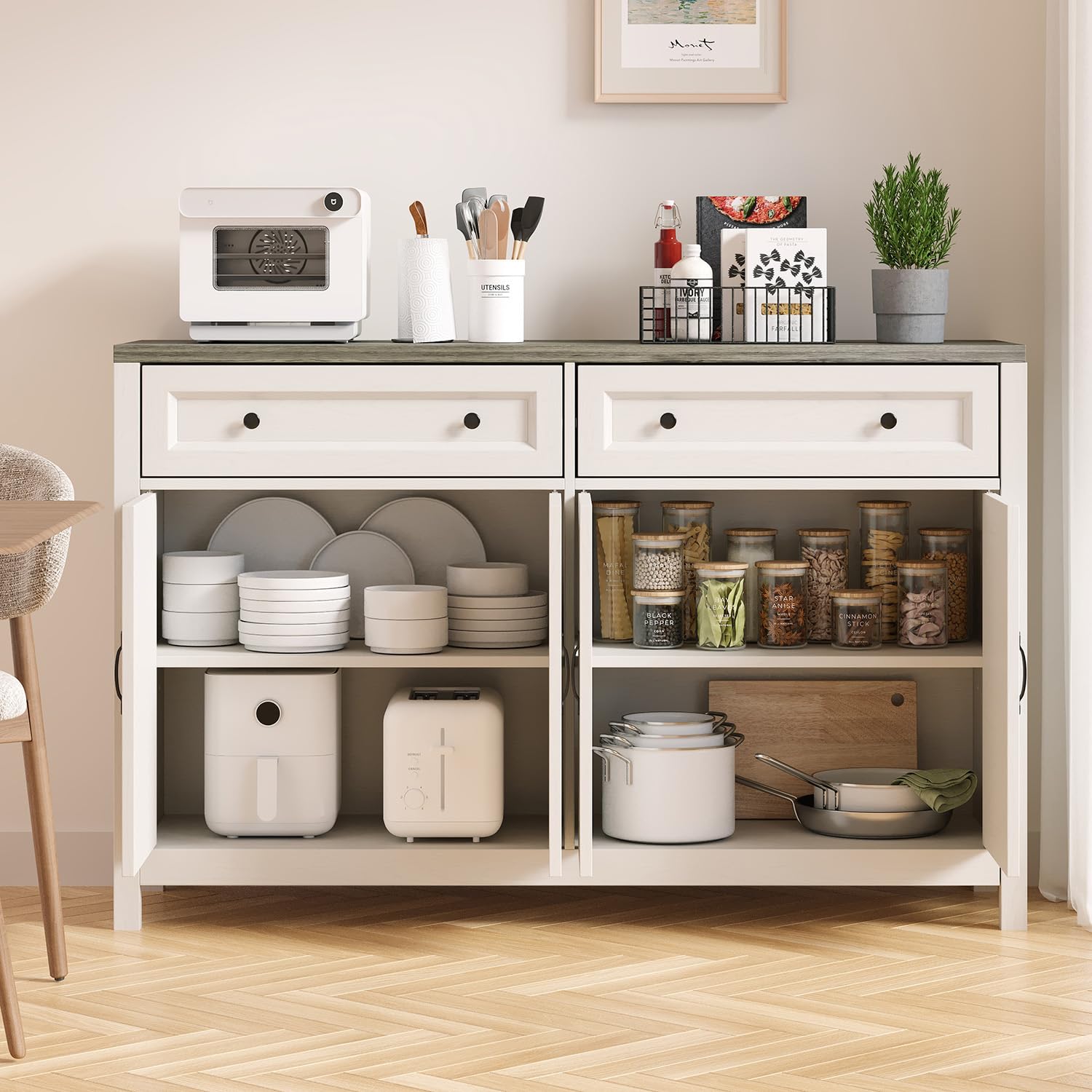 Sideboard, Küchenschrank mit Arbeitsplatten, Küchenbuffet Aufbewahrungsschrank mit 2 Schubladen und 4 Türen, für Wohnzimmer, Küche, Esszimmer, 40 x 140 x 90 cm, Grau