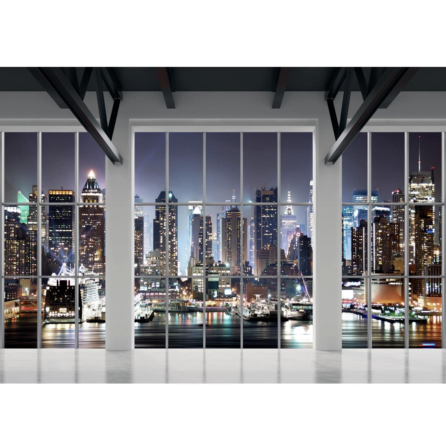 Runa Art H Photo Wallpaper New York Night Window 352 X 250 Cm Non-Woven Wall Art Xxl Moderne Living Room Bedroom Blue 9187011B