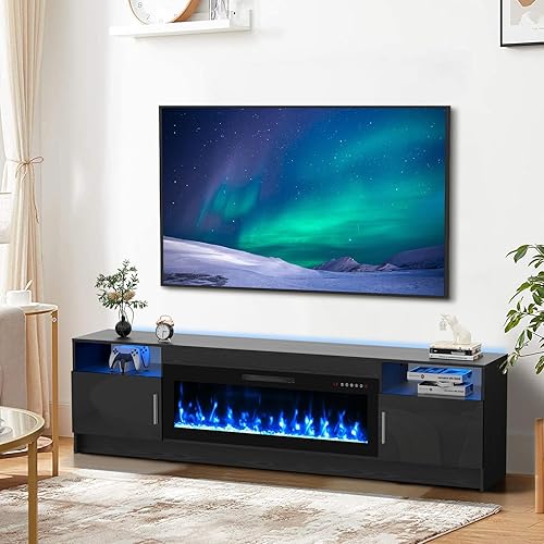 Miniatura 15 de BREEZEHEAT Soporte de TV eléctrico con chimenea de 36 pulgadas de hasta 80 pulgadas, centro de entretenimiento LED con puertas de alto brillo,
