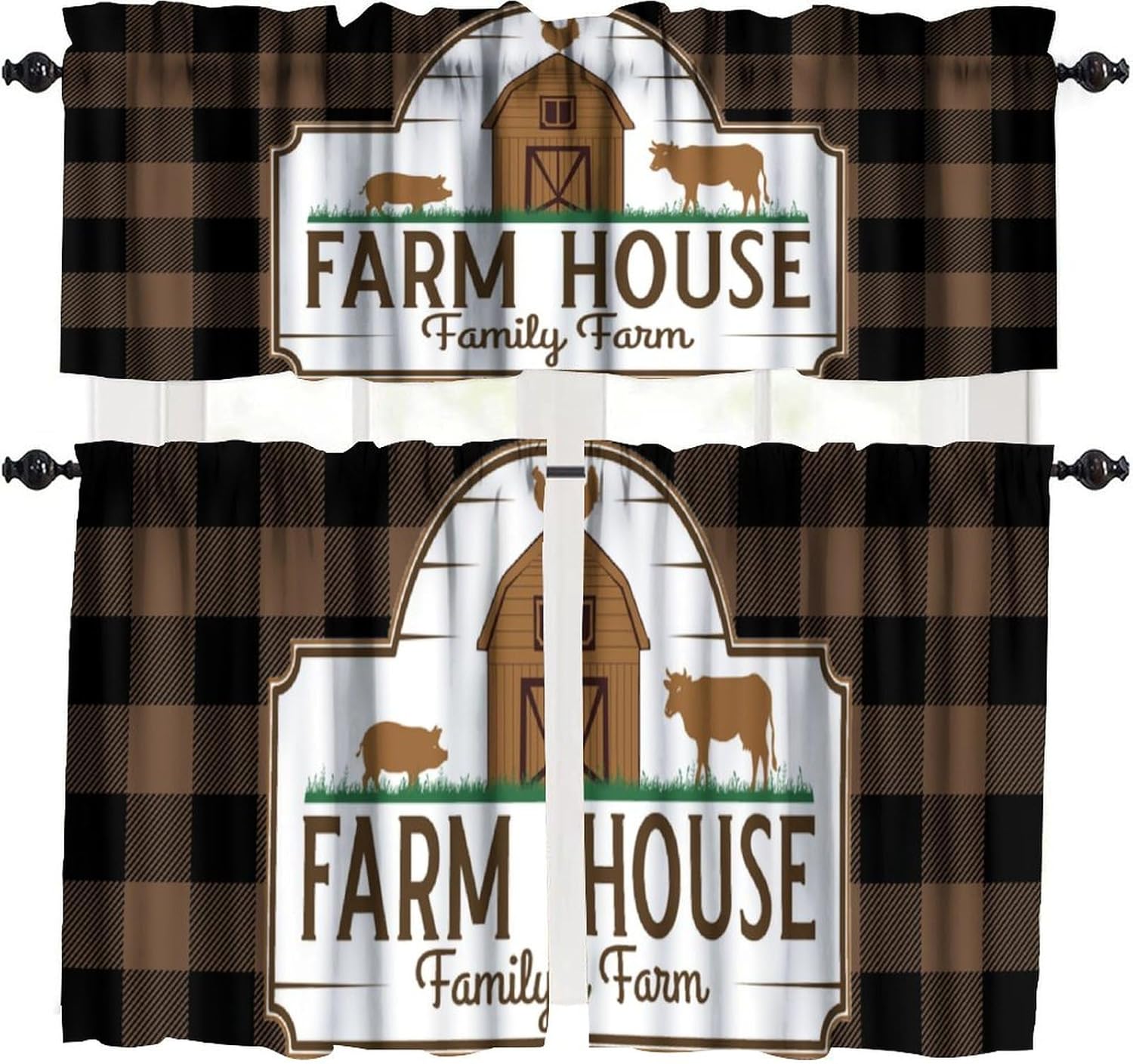 Rustic Kitchen Window Valance Curtains Vintage Farmhouse Animal Cow Pig Chicken Pattern Short Curtain for Kitchen Living Room Bathroom Windows W54xL18in + W27xL24in x2 (3 Piece)