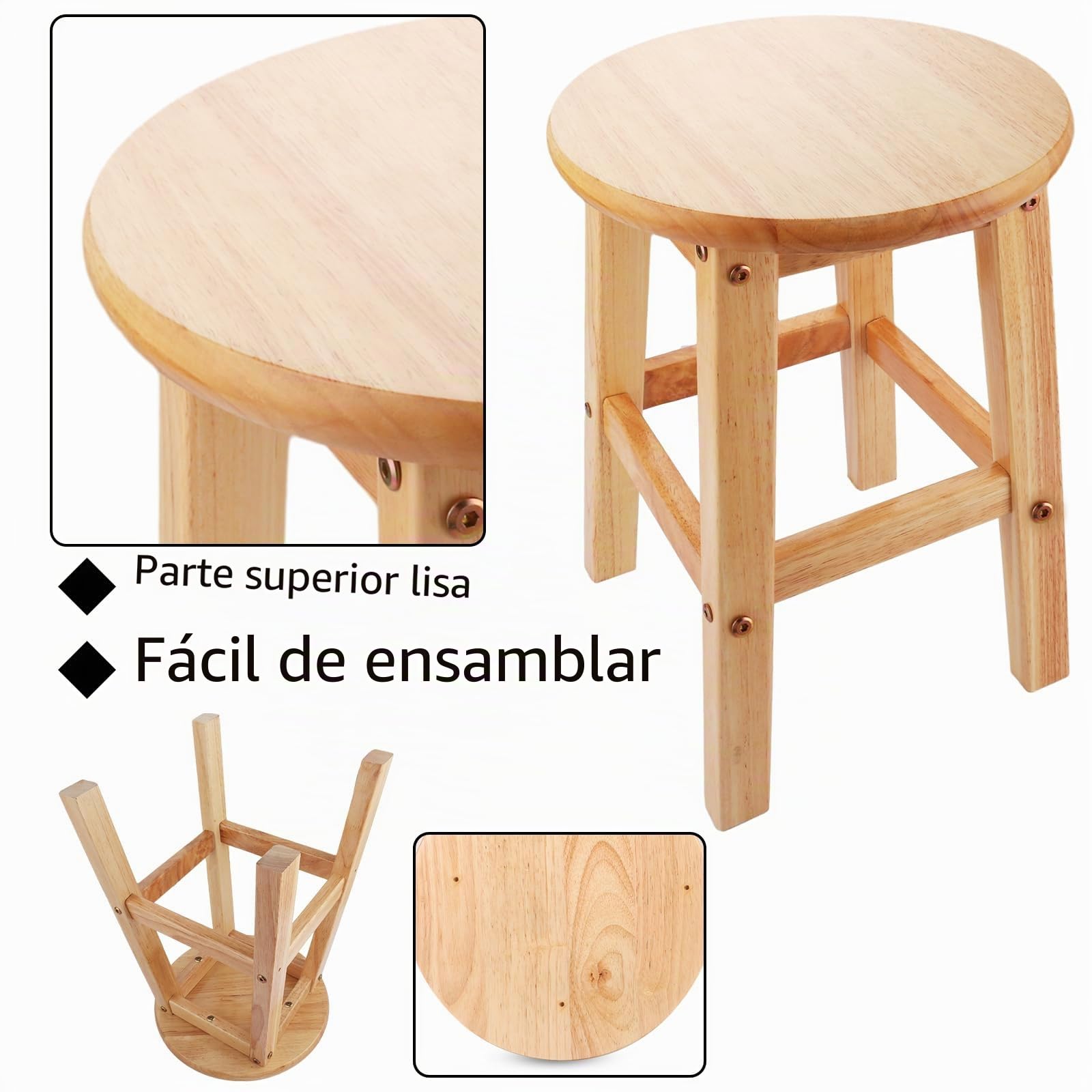 ASelected Taburete Redondo de Madera Maciza de 45 cm