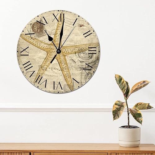 Miniatura 108 de ArogGeld Reloj de pared con diseño de estrella de mar antigua francesa, de cloruro de polivinilo, con números romanos, de 10 pulgadas, funciona