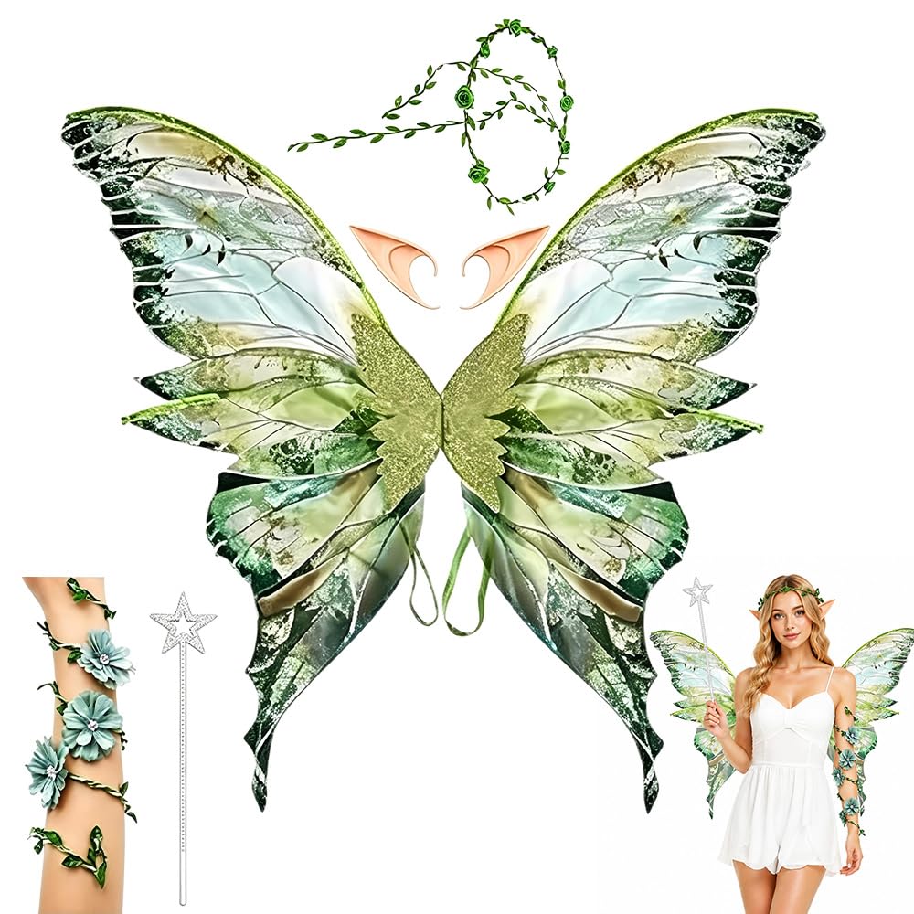 5 Pcs Fairy Wings, Angel Costume Accessories, Butterfly Wings Adults, Sparkling Sheer Wings with Butterfly Wings Flower Crown Elf Ears for Adult Women Girls for Halloween Party Cosplay, Green — image 1