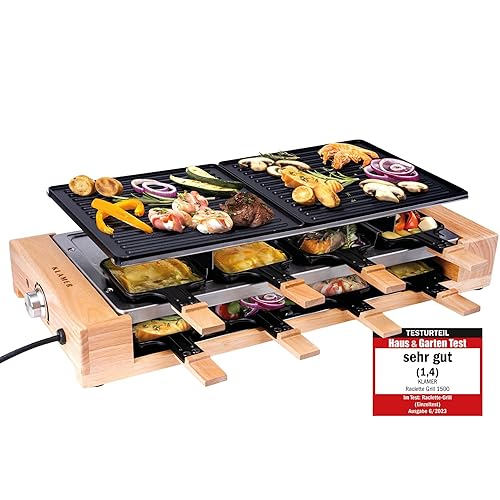 KLAMER Raclette Grill 8 Personen 1500 W mit Holzgestell &