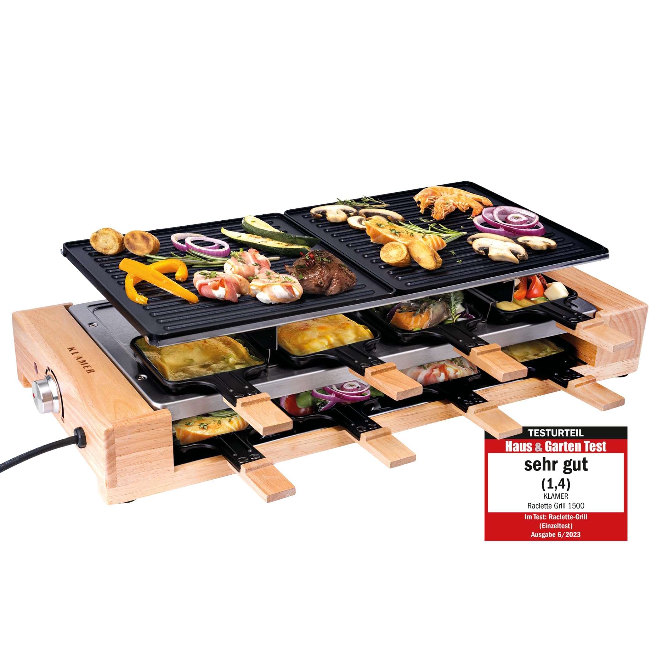 KLAMER Raclette Grill 8 Personen 1500 W mit Holzgestell & Parkdeck, Alu-Druckguss-Grillplatte antihaft, stufenlos regelbar, ILAG Beschichtung, Test „Sehr gut (1,4)“, deutsche Marke Berlin