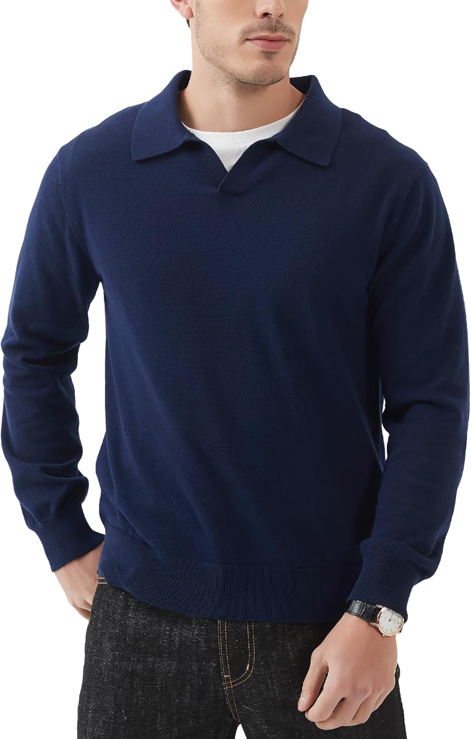 Kallspin Men's Knit Polo Sweater Regular Fit V Neck Cotton Long Sleeve Soft Classic Sweater Pullover