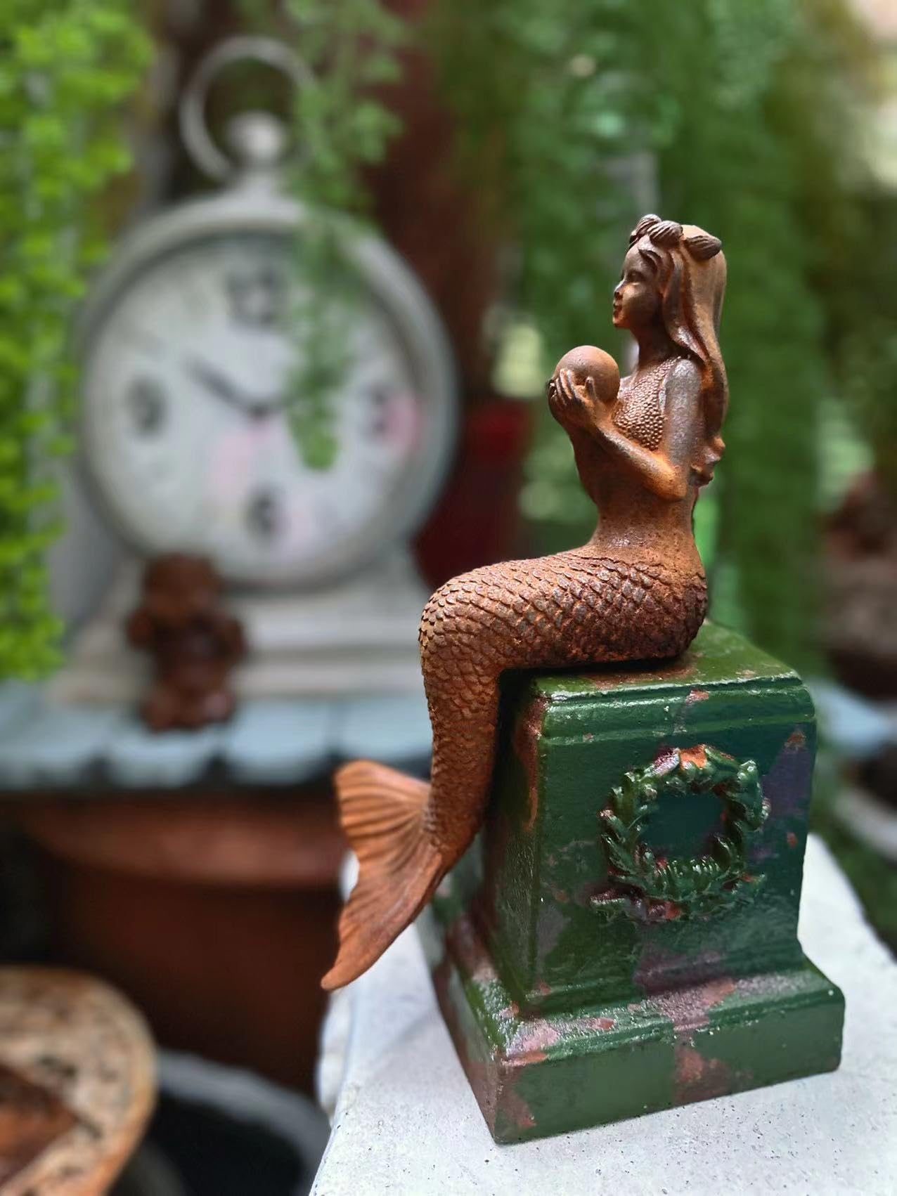 Gusseiserne Meerjungfrau Statue 22 cm,Dekorative Figur für Haus & Garten, Vintage Maritim Deko, Rost Optik, Vintage-Look (Braun)