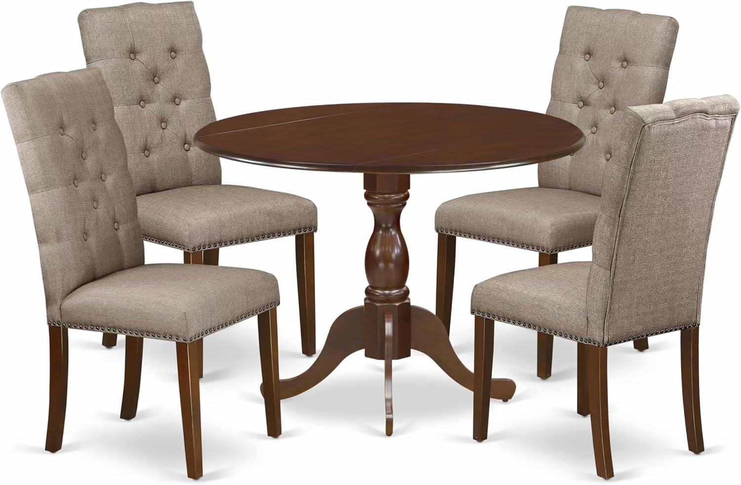 East West Furniture DMEL5-MAH-16 5 Piece Dining Table Set for 4 Includes a Round Kitchen Table with Dropleaf and 4 Dark Khaki Linen Fabric Parsons Dining Chairs, 42x42 Inch, Mahogany