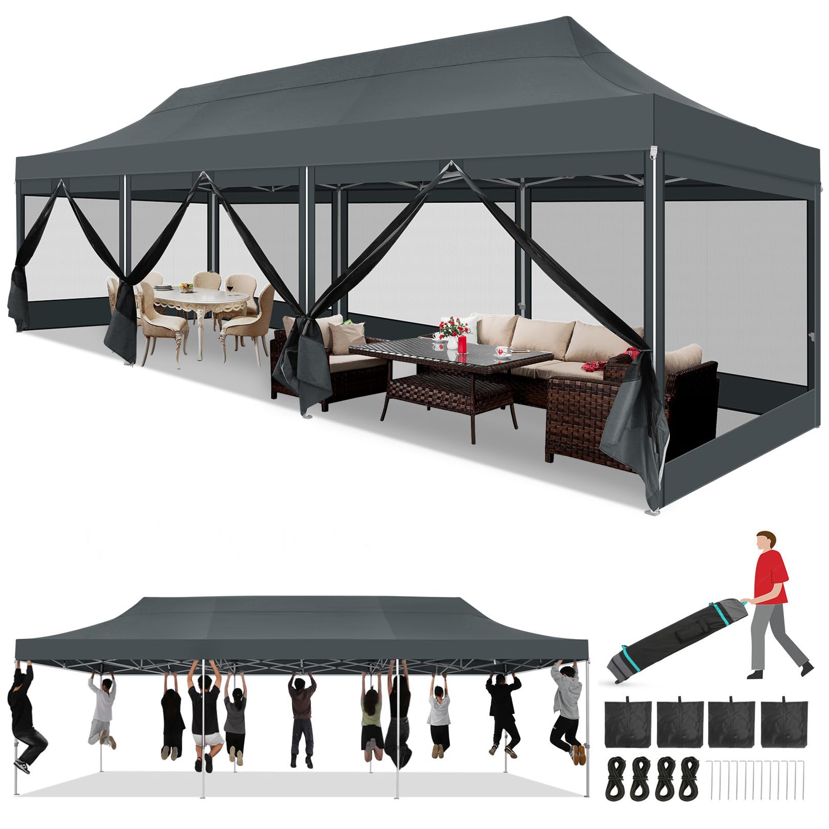 COBIZI 10x30 Heavy Duty Pop Up Canopy Tent with 8 Sidewalls, Commercial Gazebo Party Tent with Mosquito Netting Wall Easy Set Up Outdoor Instant Screen Tent for Backyard, Patio, Garden, Gray