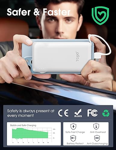 Miniatura 4 de TG90 Cargador portátil con enchufe de pared de CA integrado y cables, cargador de batería externo USB C de 10000 mAh, compatible con teléfonos