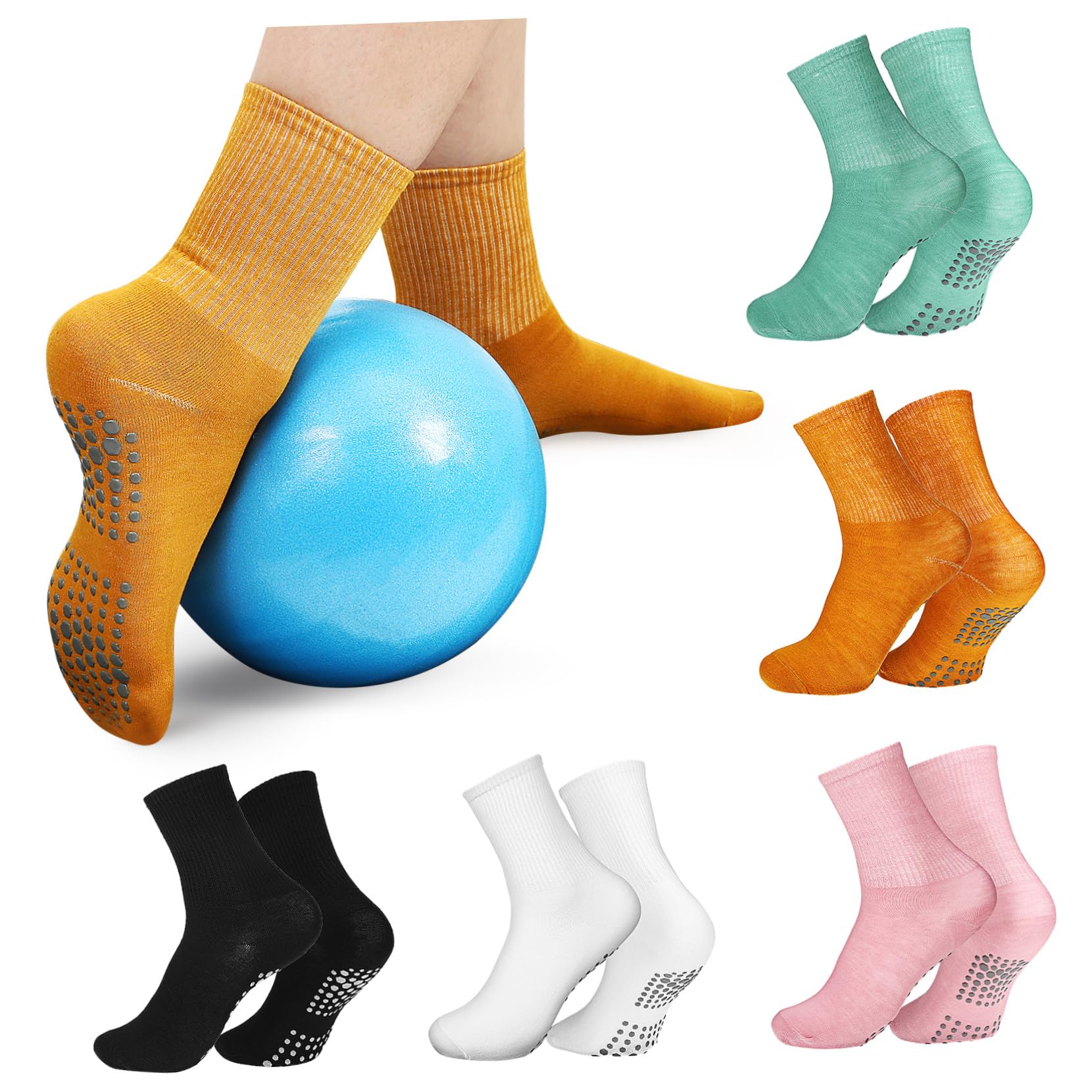 OSOLADY 5pairs Grip Socks for Yoga Non- High Ankle Socks for Men Women Breathable Ginger and Lotus for Enhanced Traction Comfort