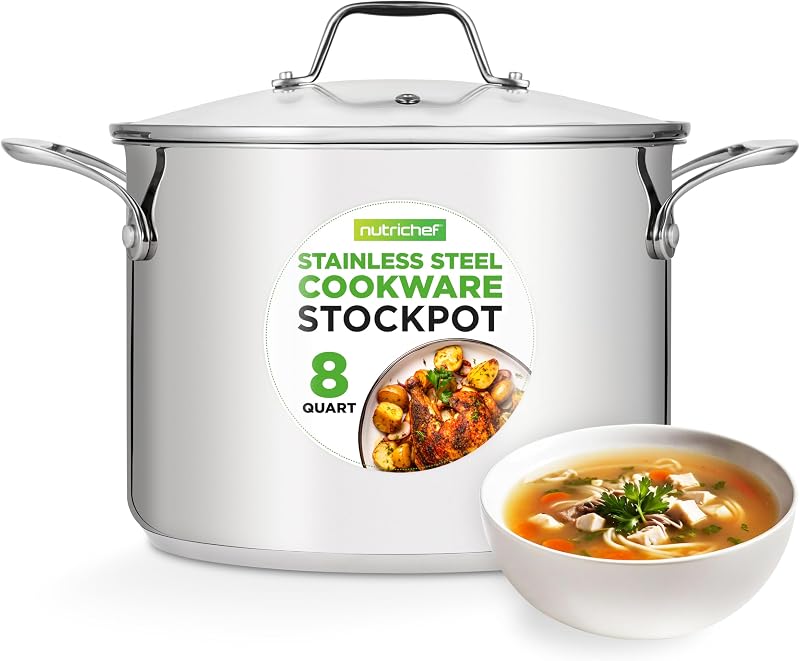 NutriChef Olla de acero inoxidable de 8 cuartos – Acero inoxidable 18/8 de grado alimenticio de inducción resistente – Olla para caldo, olla para guisar, olla para cocinar a fuego lento con tapa transparente, apta para lavavajillas – NCSP8