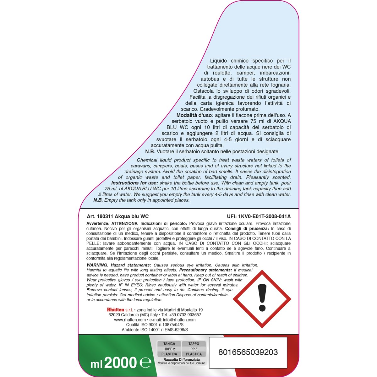 Rhutten, Akqua Blu Wc, Disgregante Wc Camper, Liquido Acque Nere, Acqua Blu, Wc Chimico, 2L