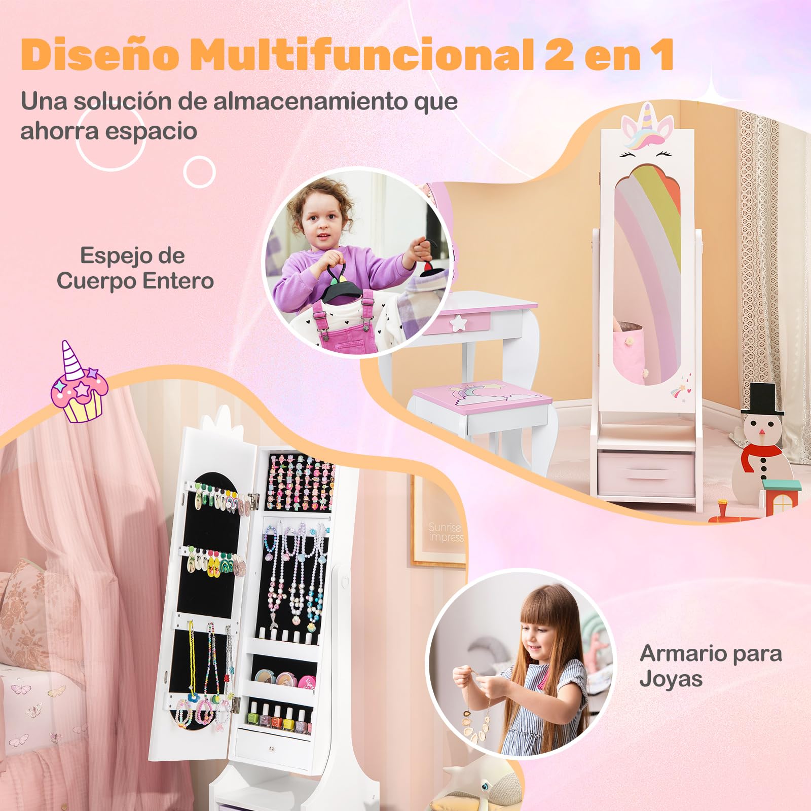COSTWAY Armario de Joyería para Niñas, Espejo Joyero de Cuerpo Completo Independiente con Almacenamiento, Armario para Joyas Infantil con Ganchos, Estantes y Cajones (Blanco)