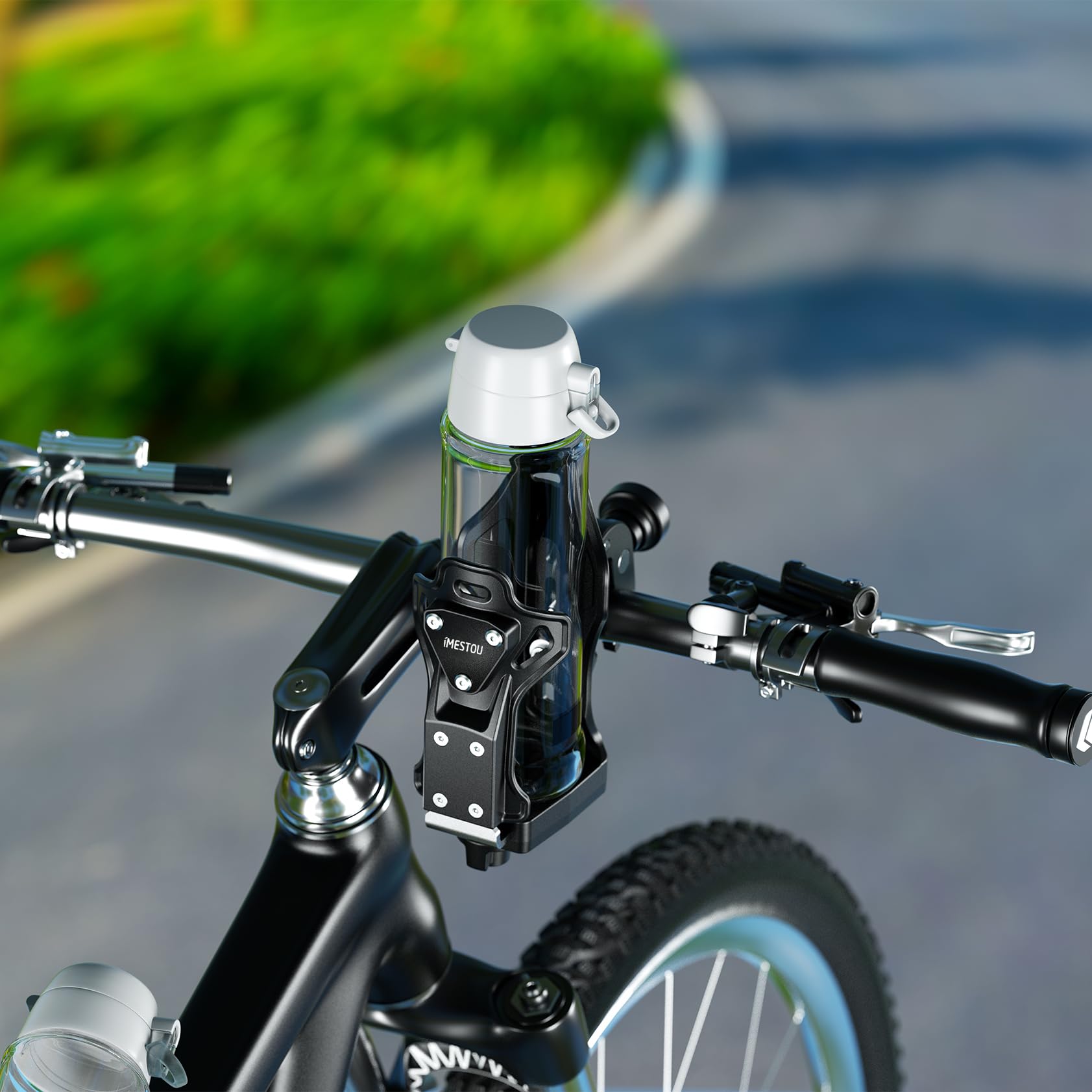 iMESTOU Porte-gobelet Antivol pour Moto, Porte-Bouteille d'eau pour ATV Compatible avec Les Bouteilles de 50 à 90 mm de Diamètre, avec Pince Métallique 12,7-33 mm pour Vélo, Scooter, Poussette...