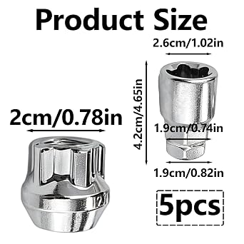 Locking Wheel Nuts Key, M12 x 1.25 Thread Pitch for Ford Toyota Nissan Honda Mazda Vehicles, Set of 4 Locking Wheel Nuts Key with Tapered Seat Design and Dual Hex Sizes