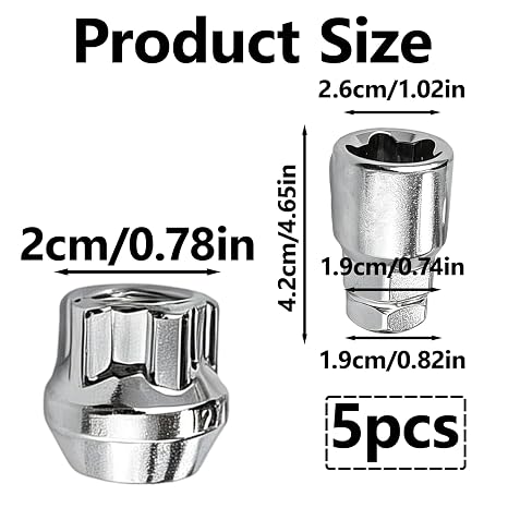 Locking Wheel Nuts Key, M12 x 1.25 Thread Pitch for Ford Toyota Nissan Honda Mazda Vehicles, Set of 4 Locking Wheel Nuts Key with Tapered Seat Design and Dual Hex Sizes