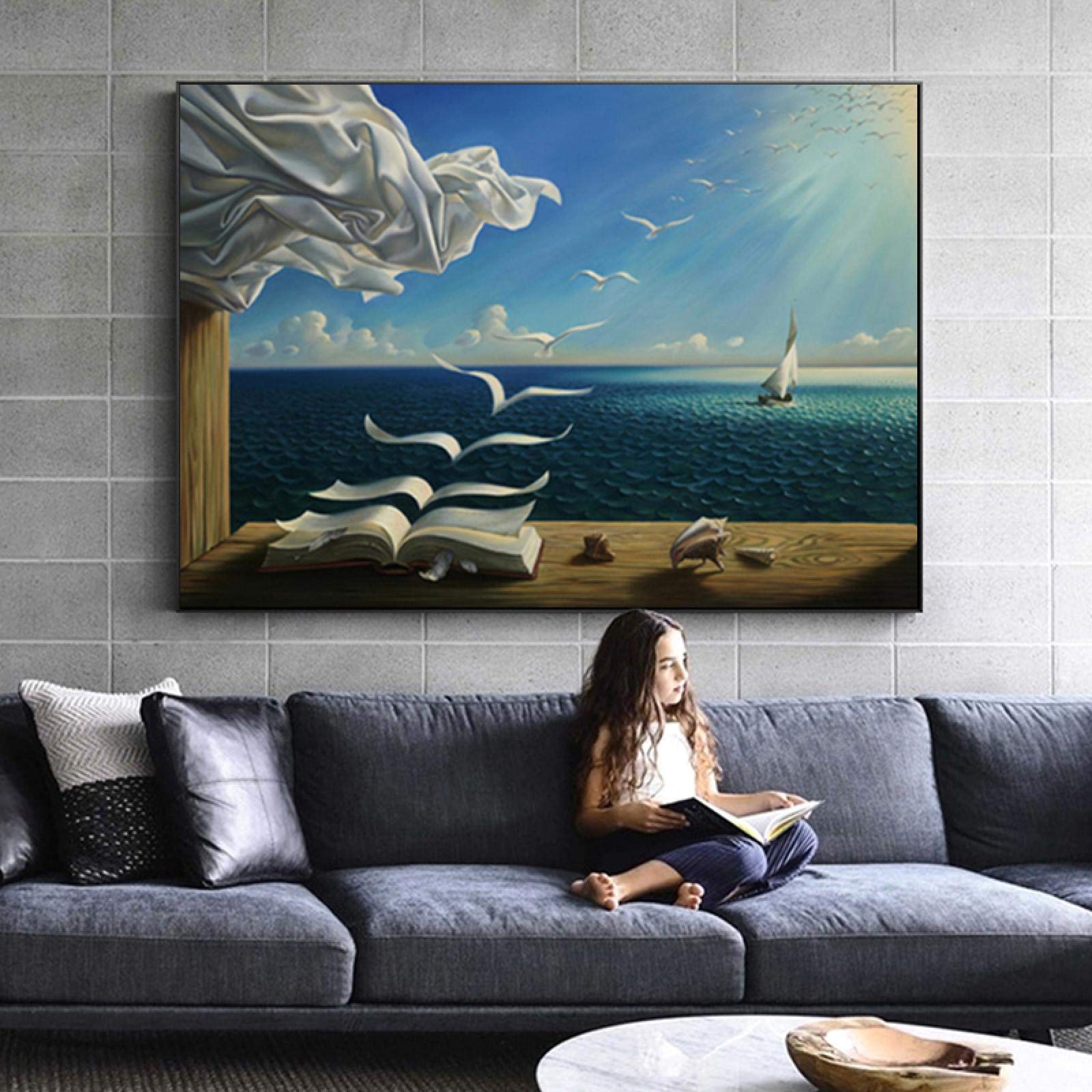 TITINGLUCK The Waves Book Barca a Vela di Salvador Dali Quadro su Tela Paesaggio Poster e Stampe Immagini da Parete per Soggiorno 40x70cm(16x28in) con Cornice