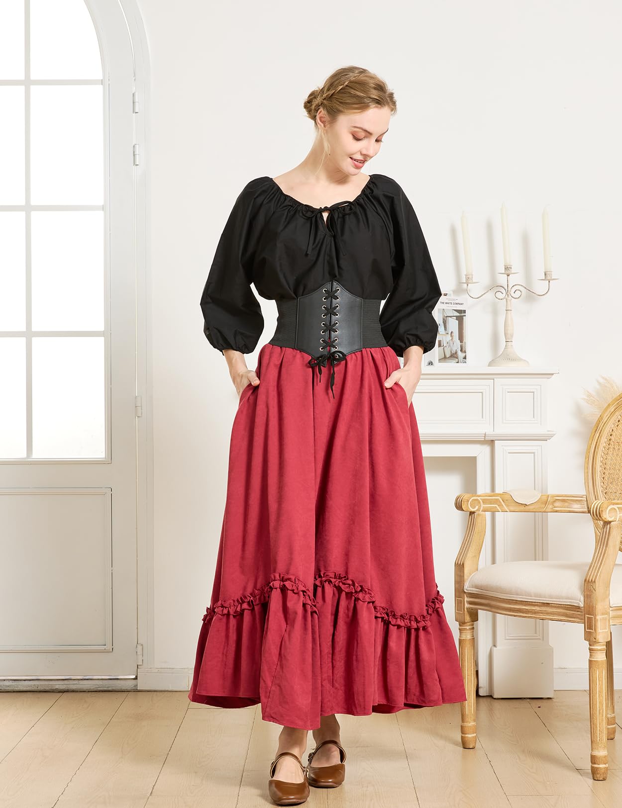 BEAUTELICATE Chemisier Victorien Renaissance Rétro en 100% Coton De Femme Haut Steampunk Gothique Médiévale Blouse Manches 3/4 Tops à Épaules Dénudées Décontractés Blanc Crème