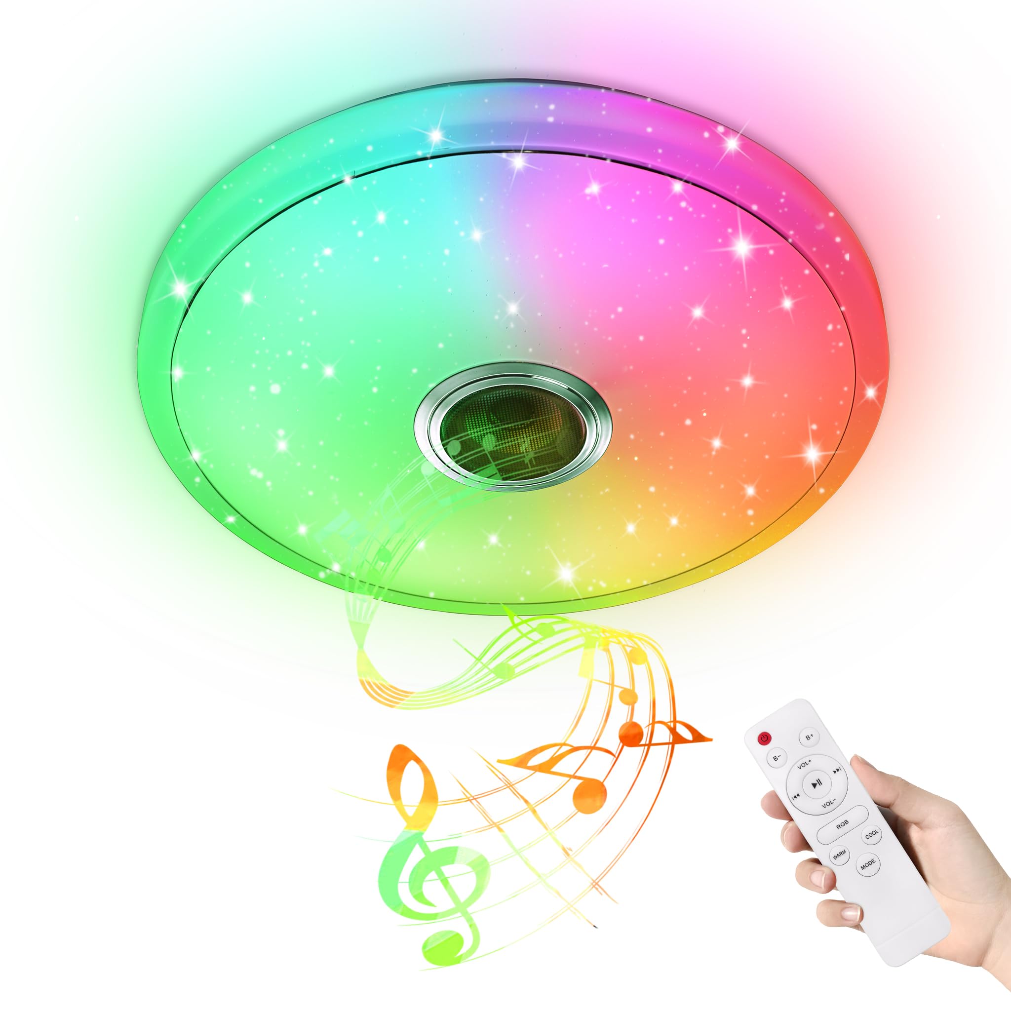 YEATHOR Ceiling Light LED 48W with Bluetooth Speaker Bathroom Light with Remote Control & App Control RGB Dimmable Smart Lighting for Office Kitchen Living Room, Round